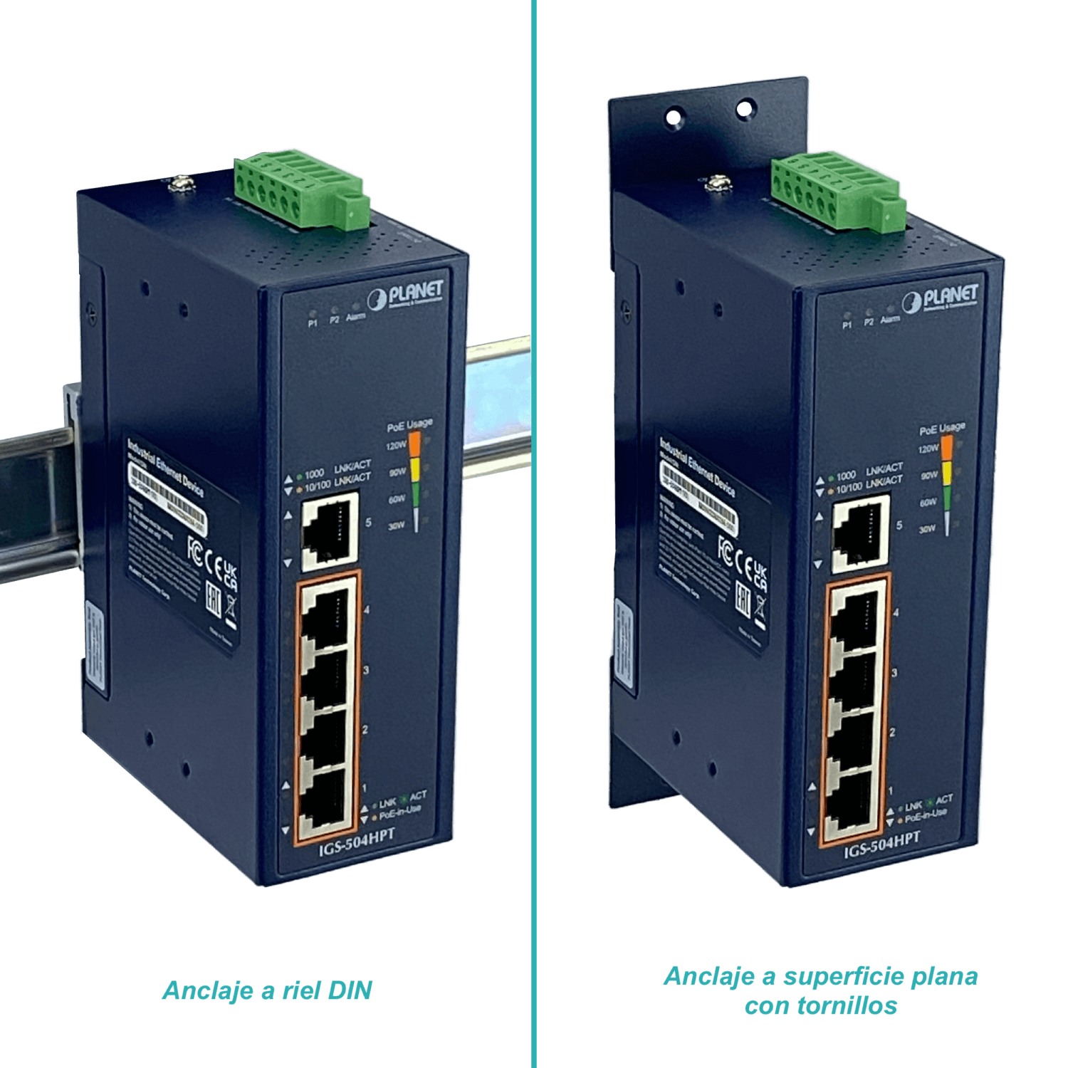 PLANET Switch 5-1000 4-PoE+120W-tot RielDIN industrial 50mm req/12-56V 3