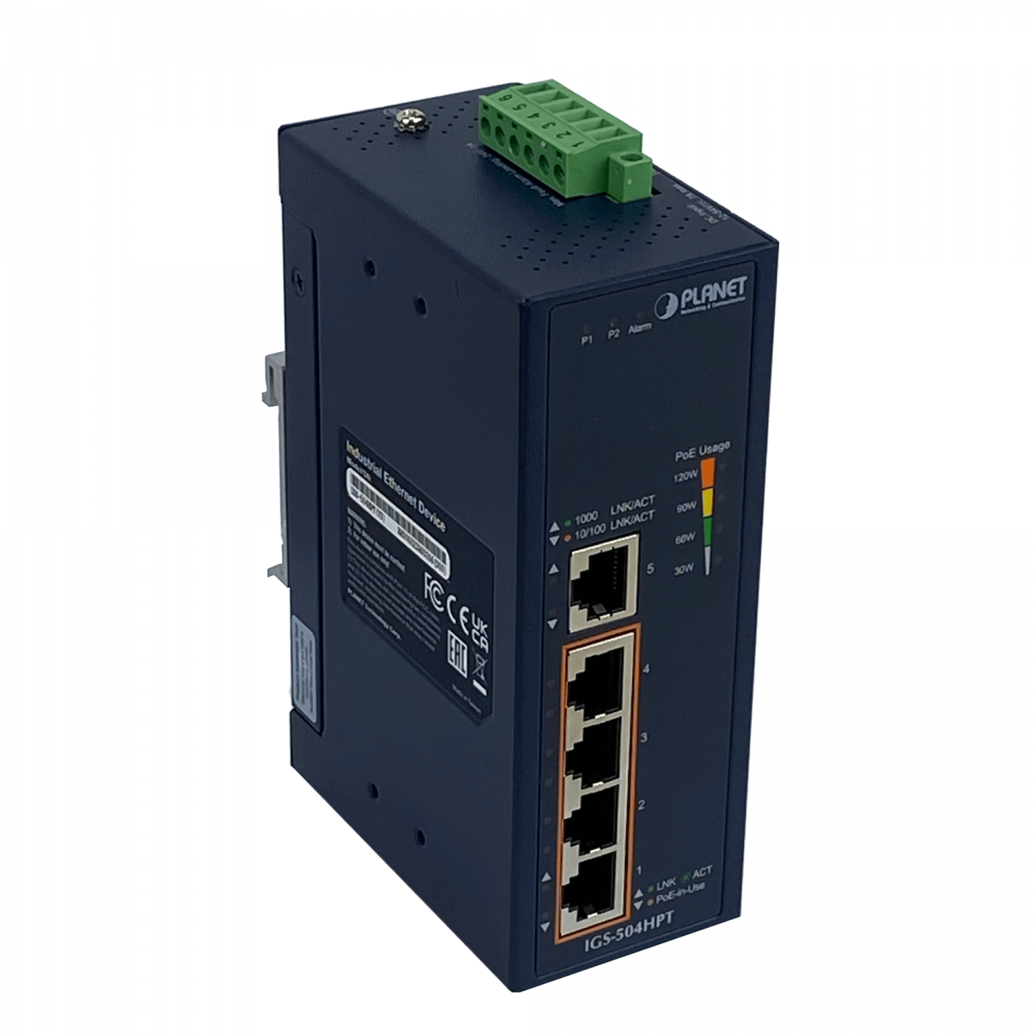 PLANET Switch 5-1000 4-PoE+120W-tot RielDIN industrial 50mm req/12-56V 4