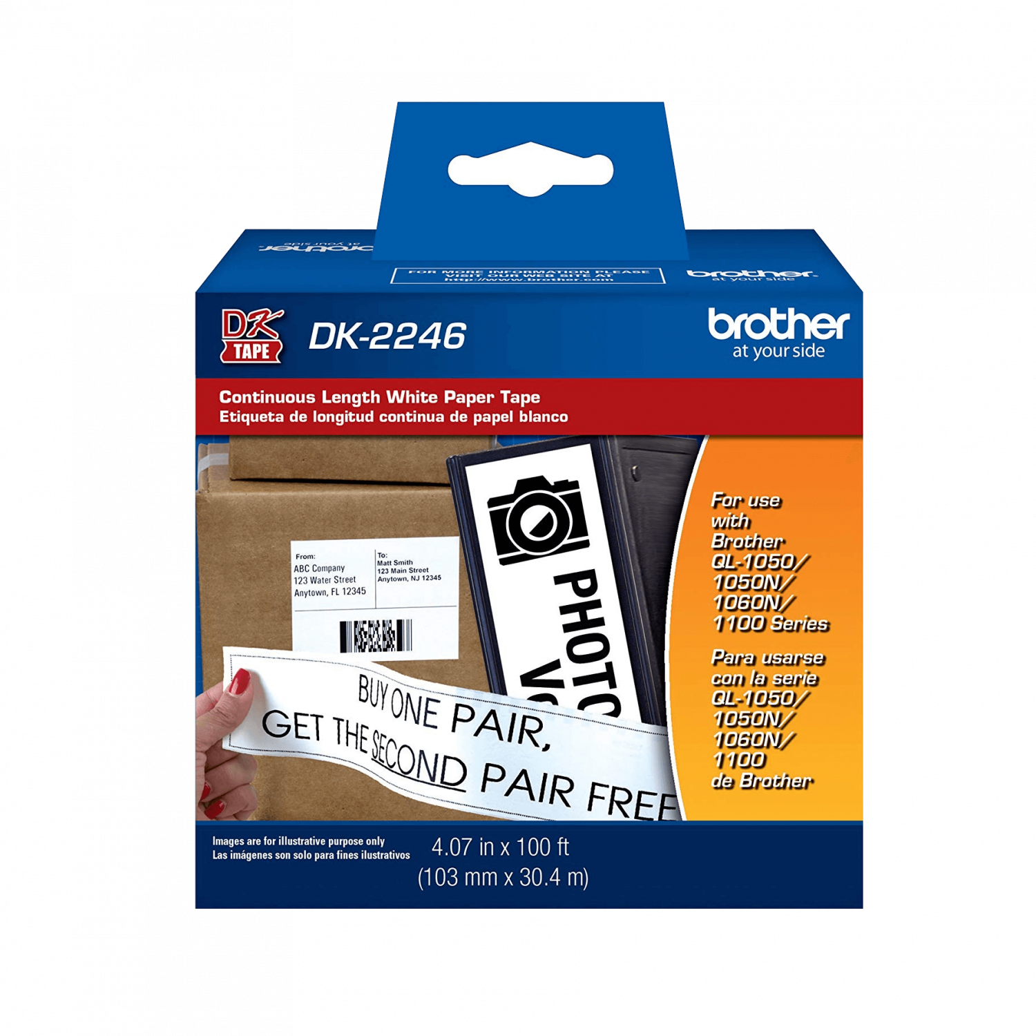 Cinta de papel continua Brother DK2246 de 4.07 in x 100 ft (103 mm x 30.4 m) en negro sobre blanco 1