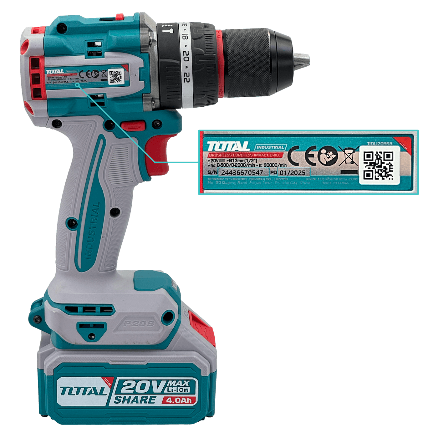 Taladro inalambrico Total TOTAL-20V P20S 20V 0 8-10mm incluye bateria 5