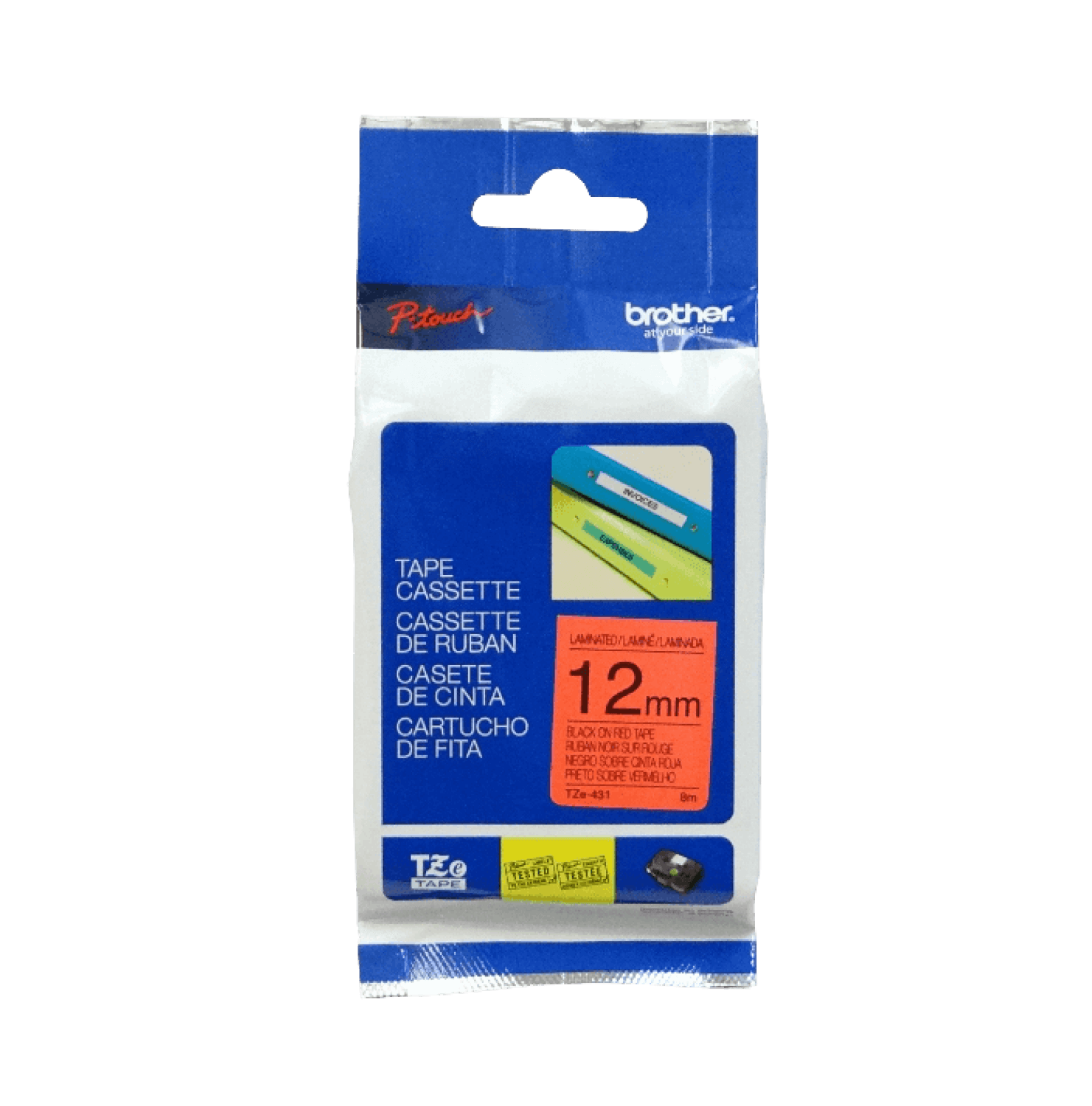 Cinta Brother TZE-431 12mm negro en fondo rojo 8m 1