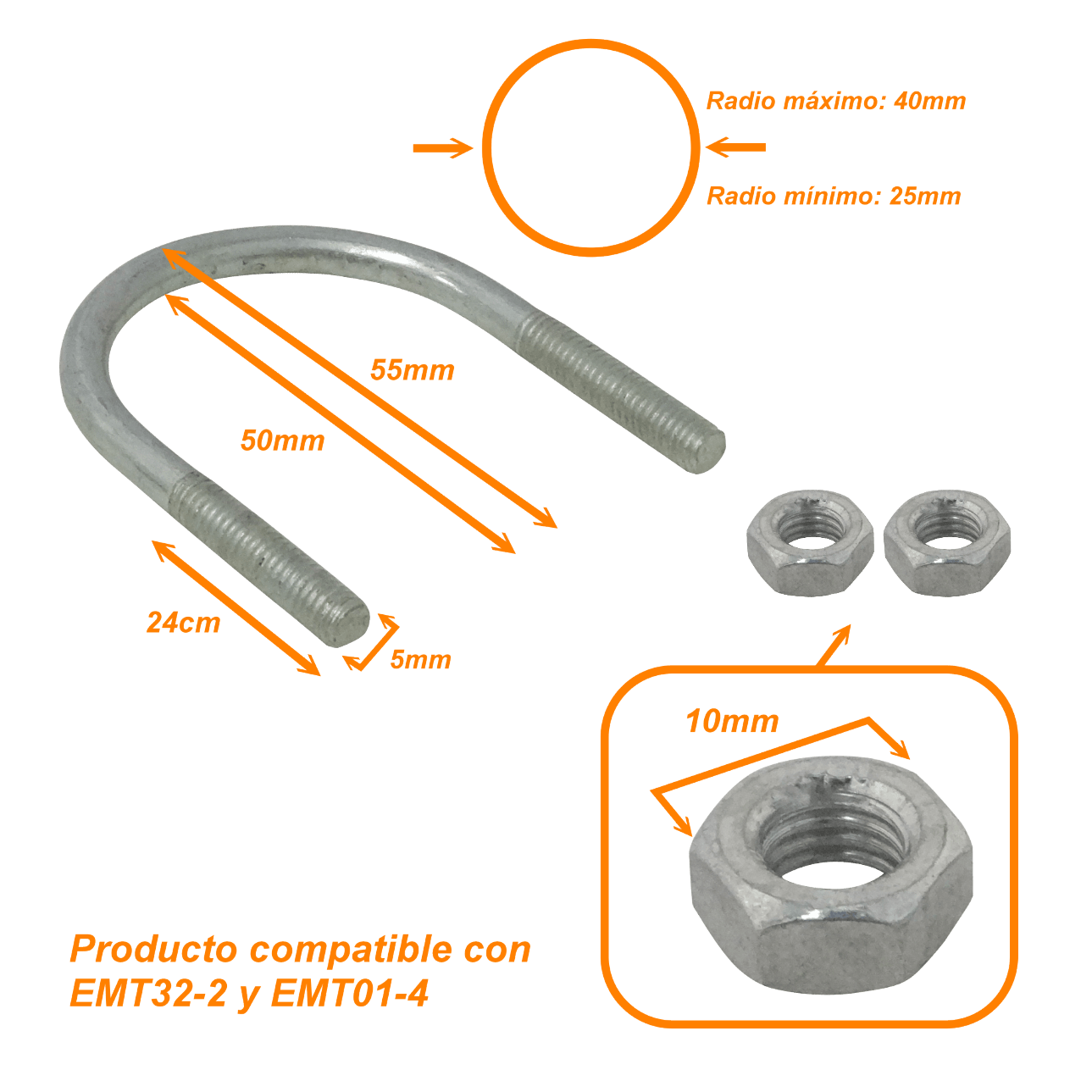 Abrazadera 25-40mm Diametro Poste Tubo c/2-tuercas-10mm req/pletina 2