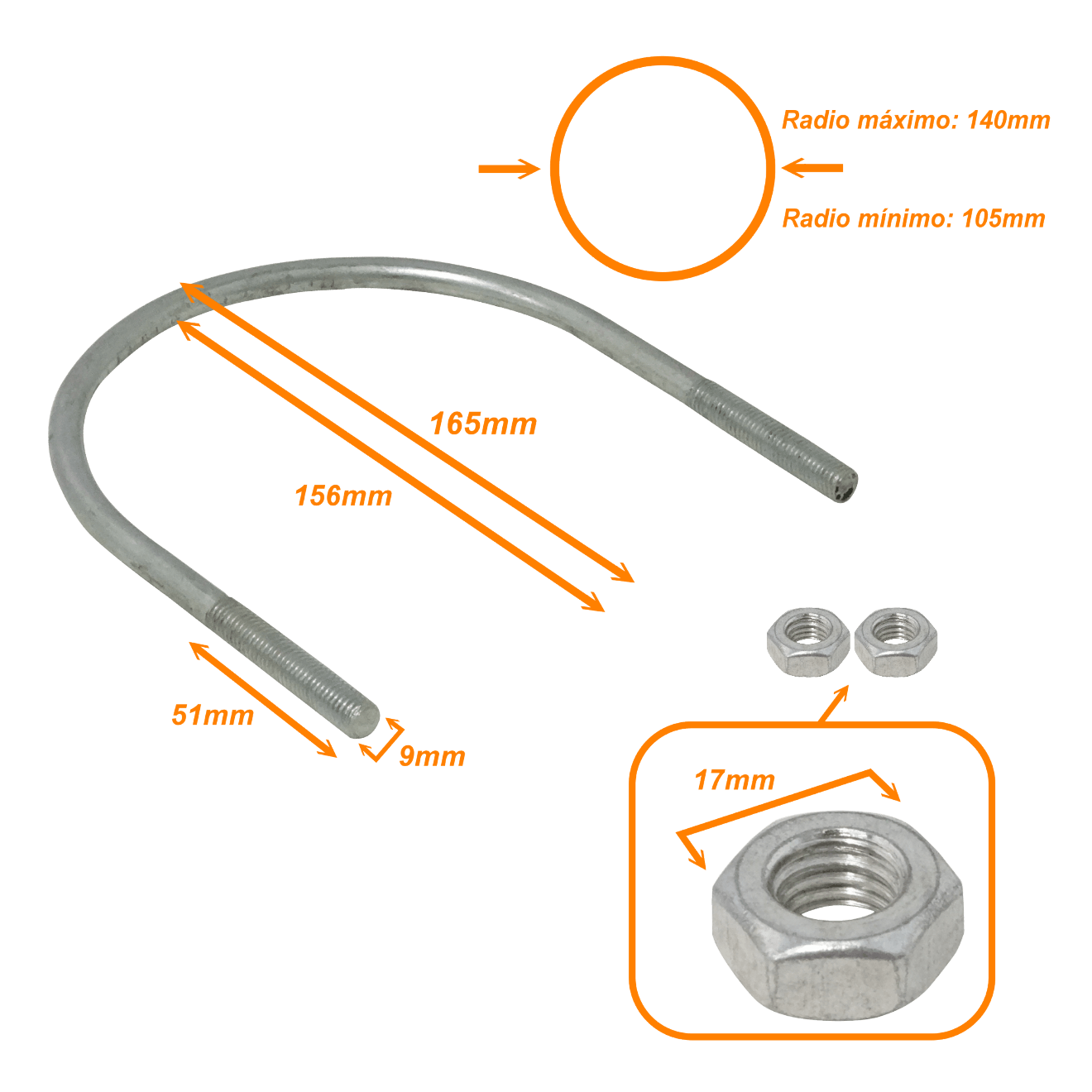 Abrazadera 105-140mm Diametro Poste Tubo c/2-tuercas-17mm req/pletina 1