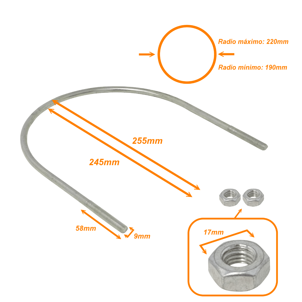 Abrazadera 190-220mm Diametro Poste Tubo c/2-tuercas-17mm req/pletina 1