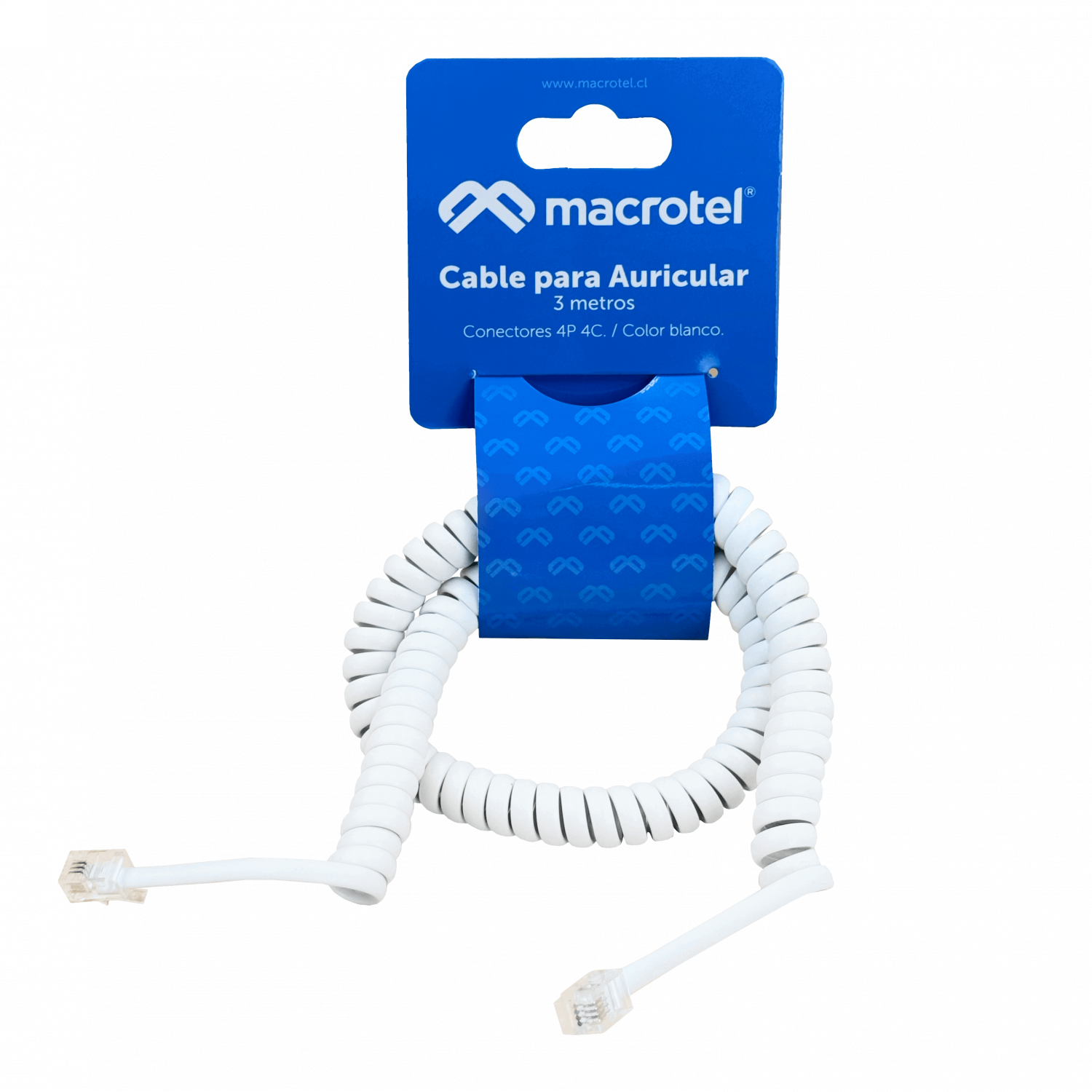 Cable Auricular MACROTEL 4P 4C-7.7mm,  3 Metros, Color Blanco 1
