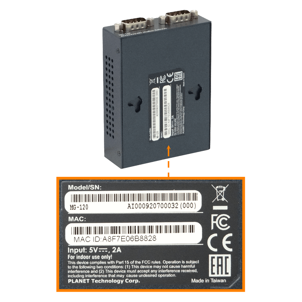 Transceptor Modbus RS232/422/485, 2 DB9, Ethernet 5VDC, PLANET MG-120 2