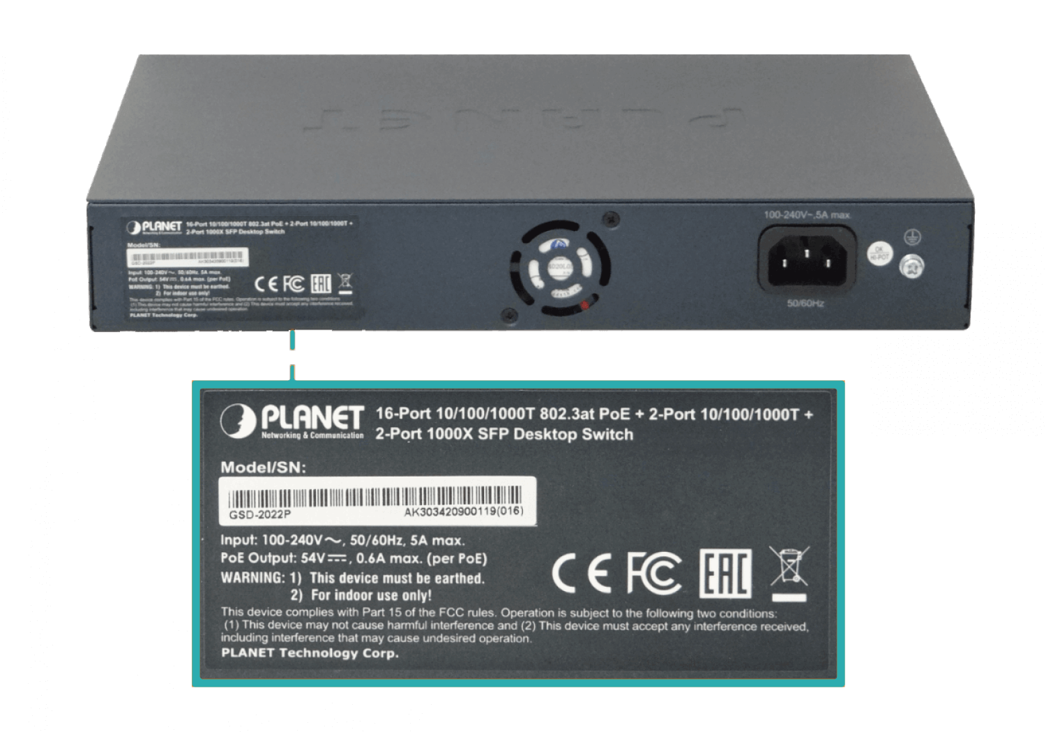 PLANET 18-1000(16-PoE+af/at) 185W-tot 2-SFP Switch Rack19p 20-puertos 1
