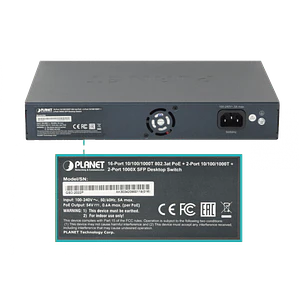 PLANET 18-1000(16-PoE+af/at) 185W-tot 2-SFP Switch Rack19p 20-puertos
