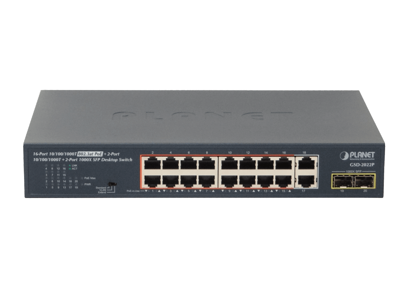 PLANET 18-1000(16-PoE+af/at) 185W-tot 2-SFP Switch Rack19p 20-puertos 4