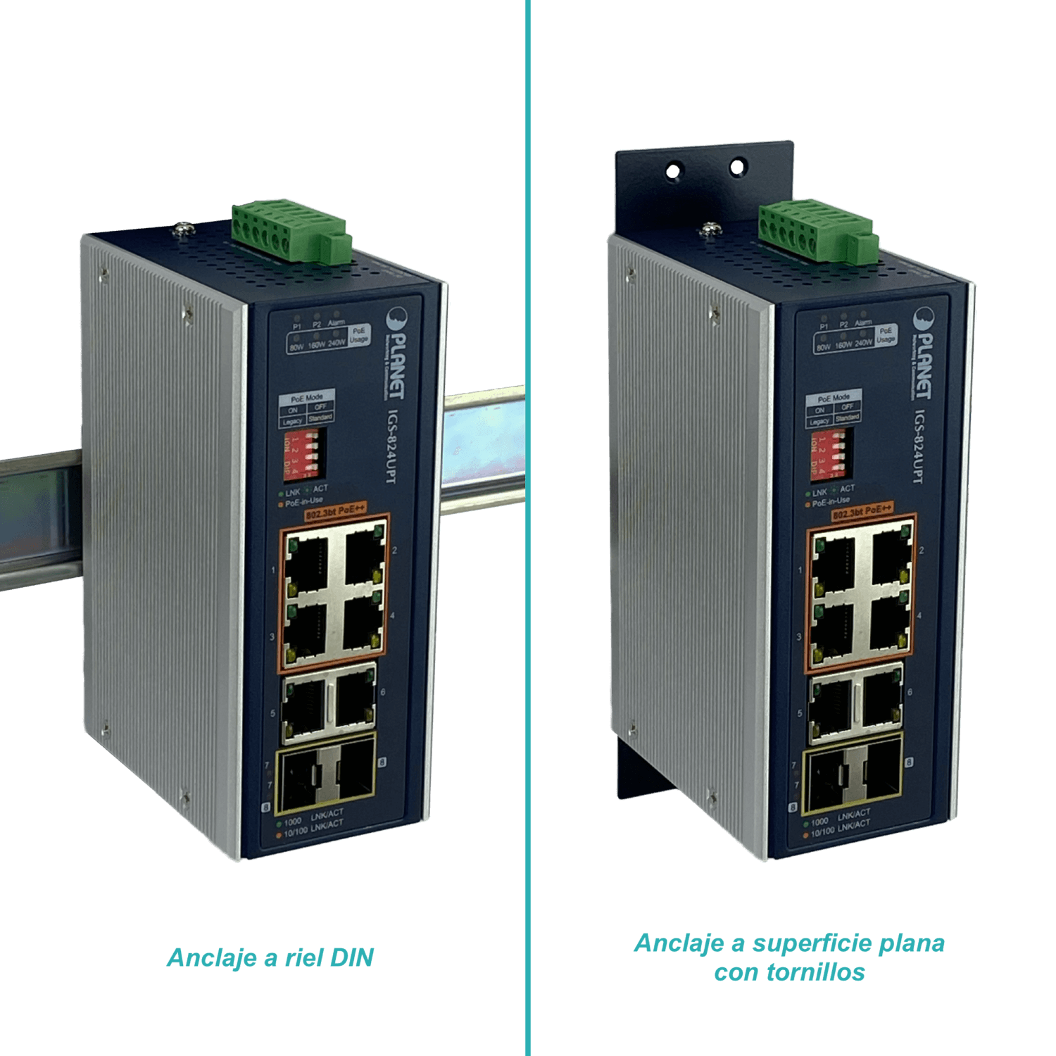 PLANET 4-1000-PoE++ 2-1000 2-SFP 240W-tot RielDIN Switch Indust 8p 1