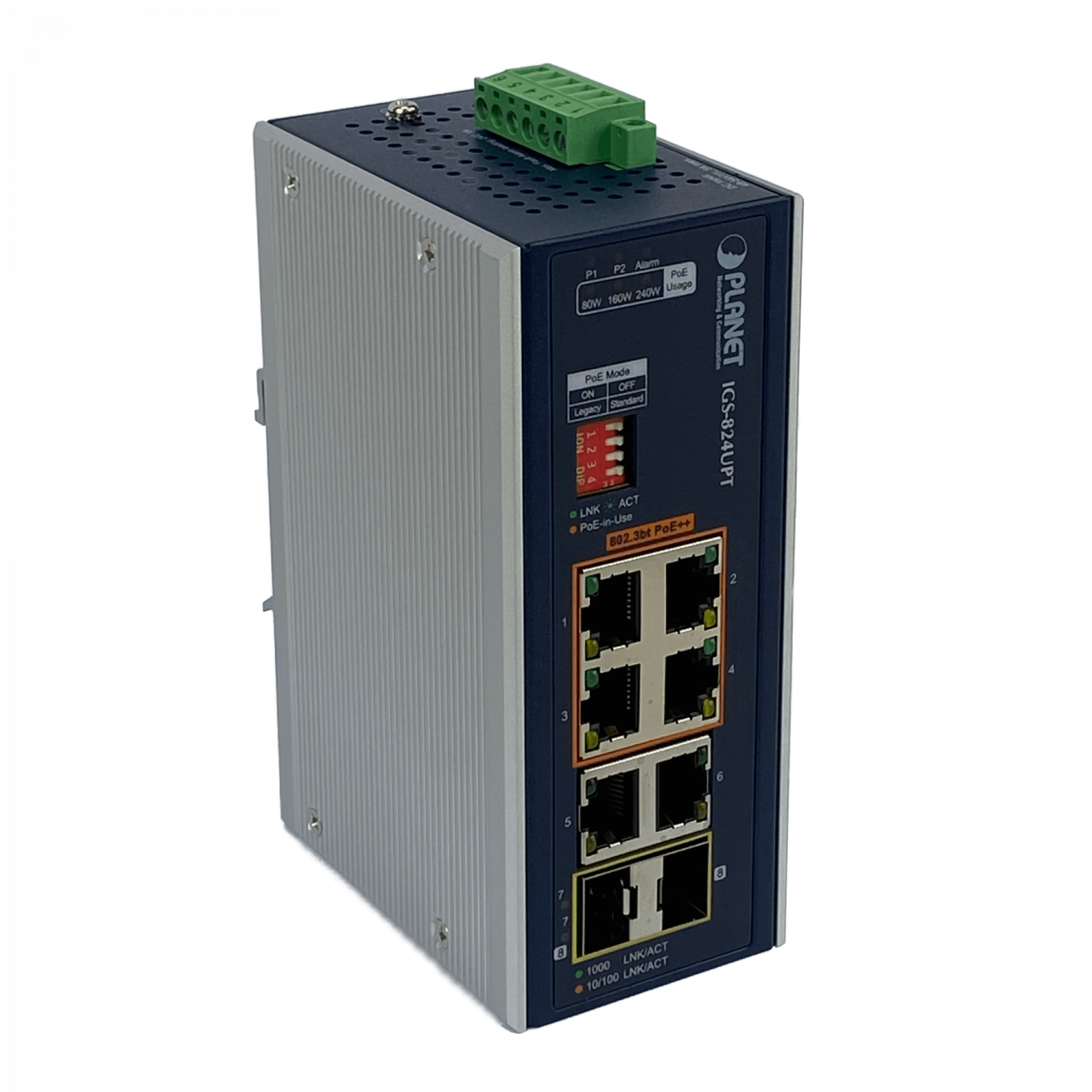 PLANET 4-1000-PoE++ 2-1000 2-SFP 240W-tot RielDIN Switch Indust 8p 4