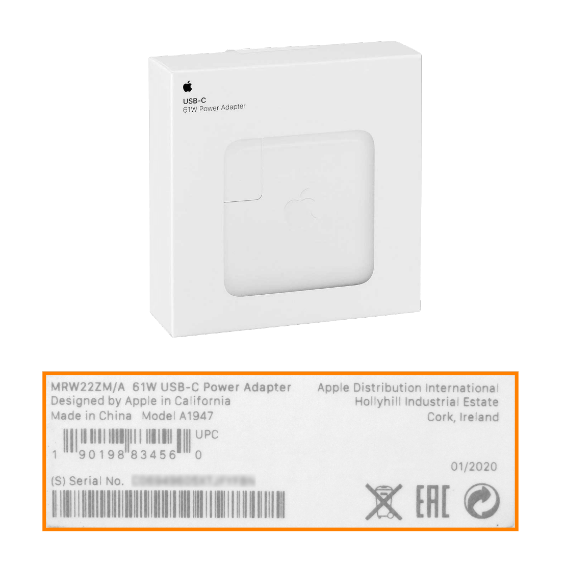 Cargador USB-C Apple Original 61W salida 5.2V 9V 20.2V requiere cable MRW22ZM A1947 2