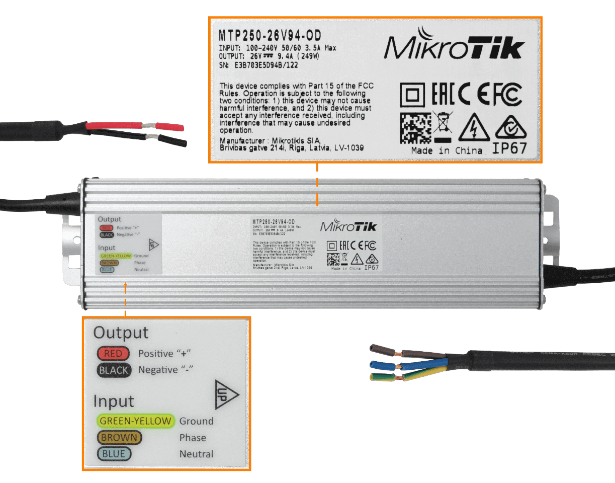 Fuente de Poder Exterior MikroTik MTP250-26V94-OD - 26V 250W IP67 para netPower 4