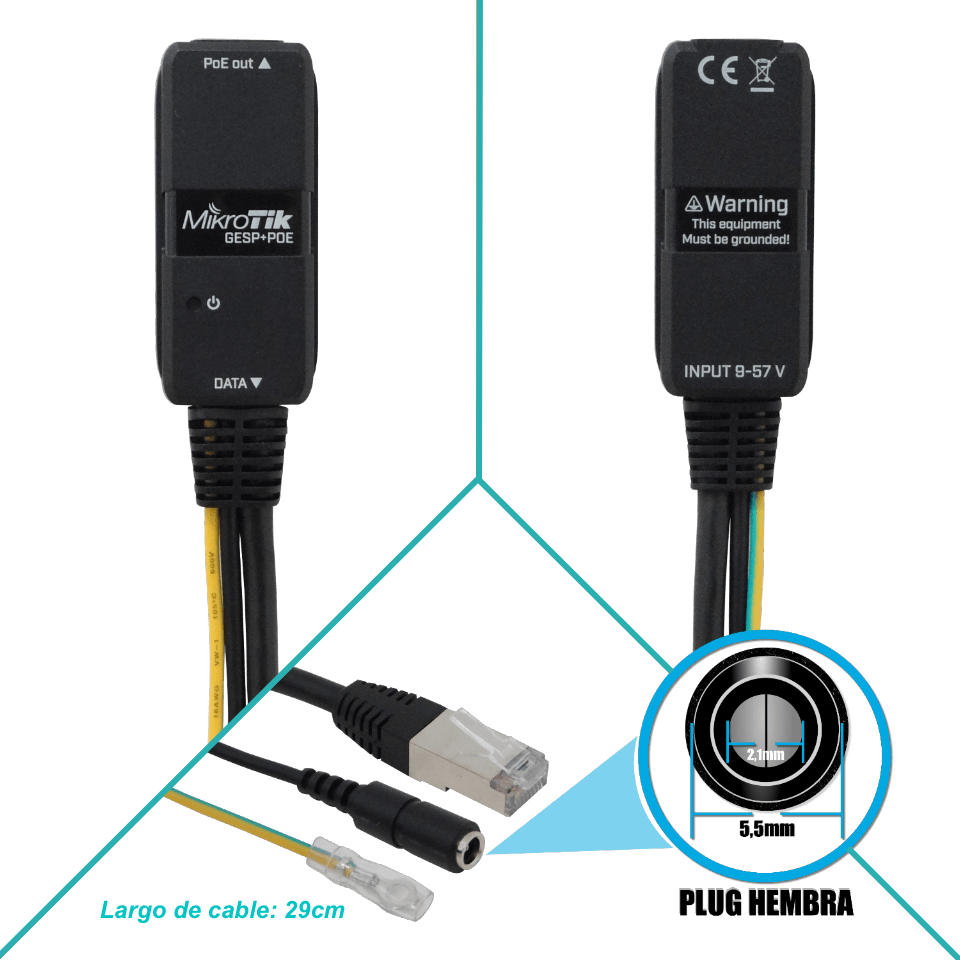 Inyector PoE Pasivo MikroTik GESP+POE-IN con Protección contra Sobretensiones 3