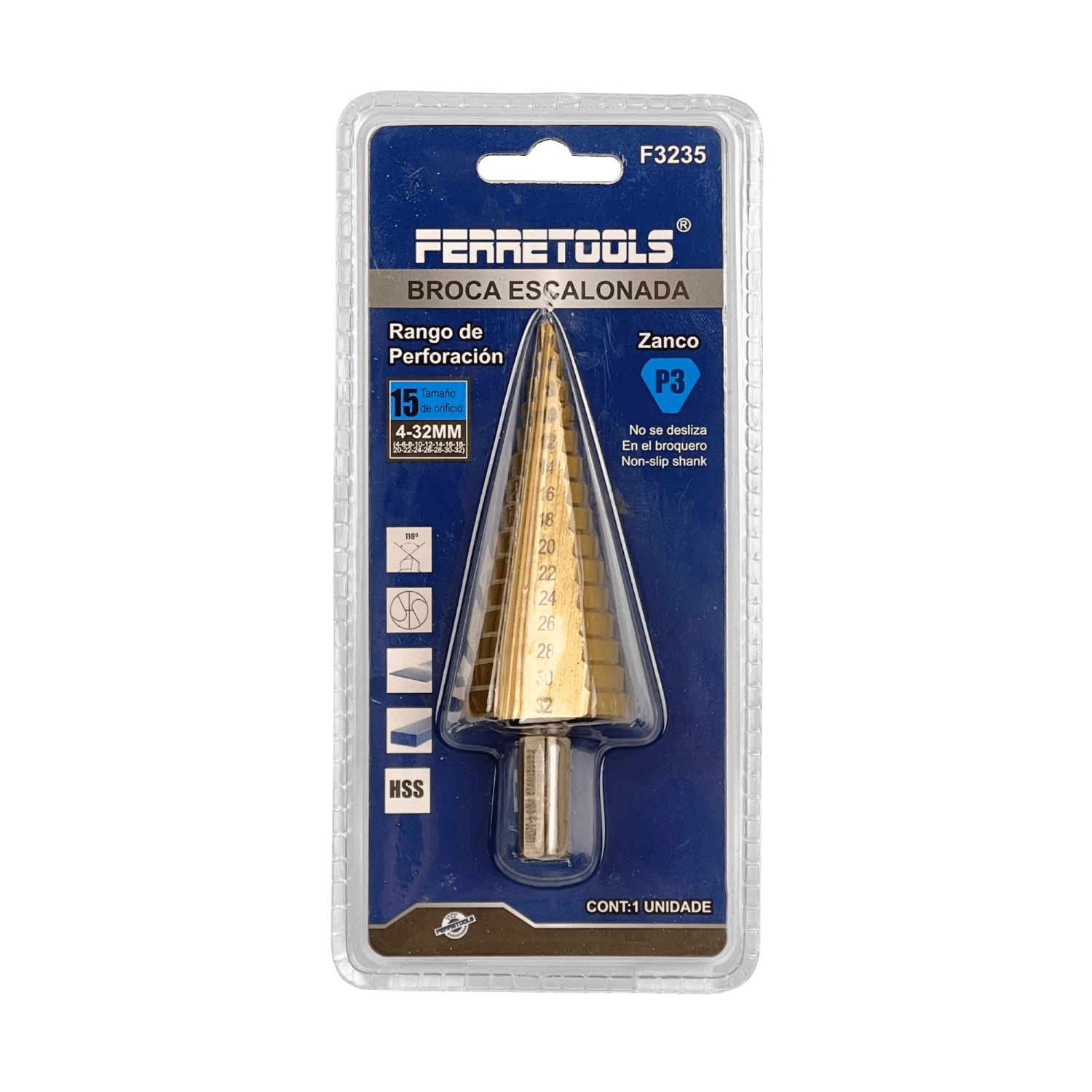 BROCA-PINO. FERRETOOLS Broca Pino 4-32mm p/Metal HSS Step-Drill Escalonada 2