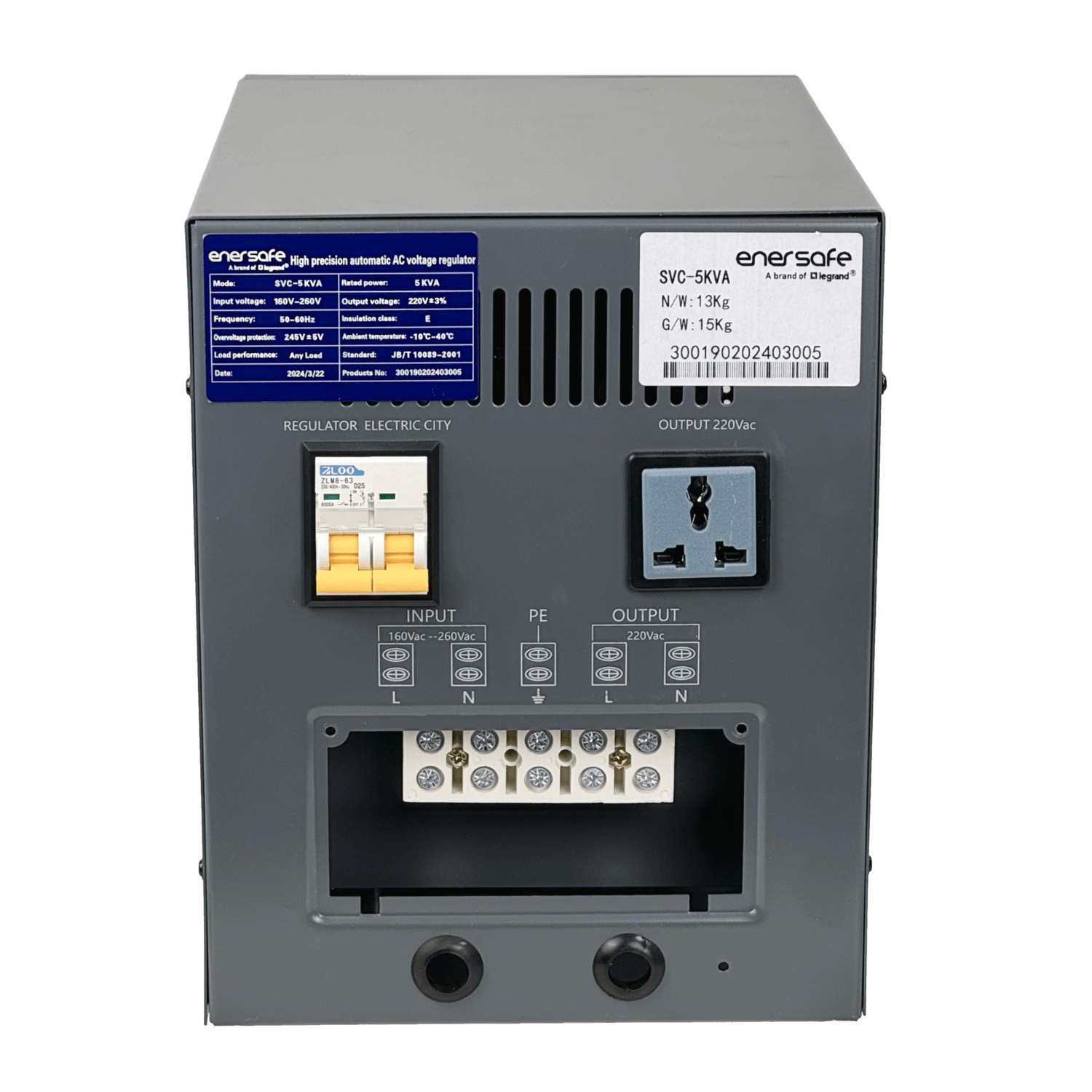 Regulador ENERSAFE AVR5000 5kVA 4500W 0.9, 164-260VAC, Salida Regleta IP20 1