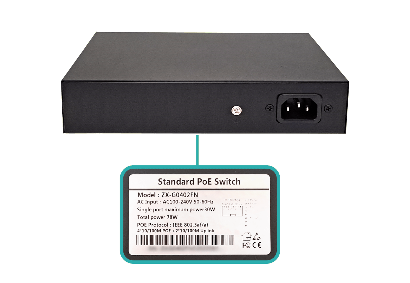 Switch 4-100-PoE-af 2-100 100-40VAC 78W C13 ZX-G0402FN 4