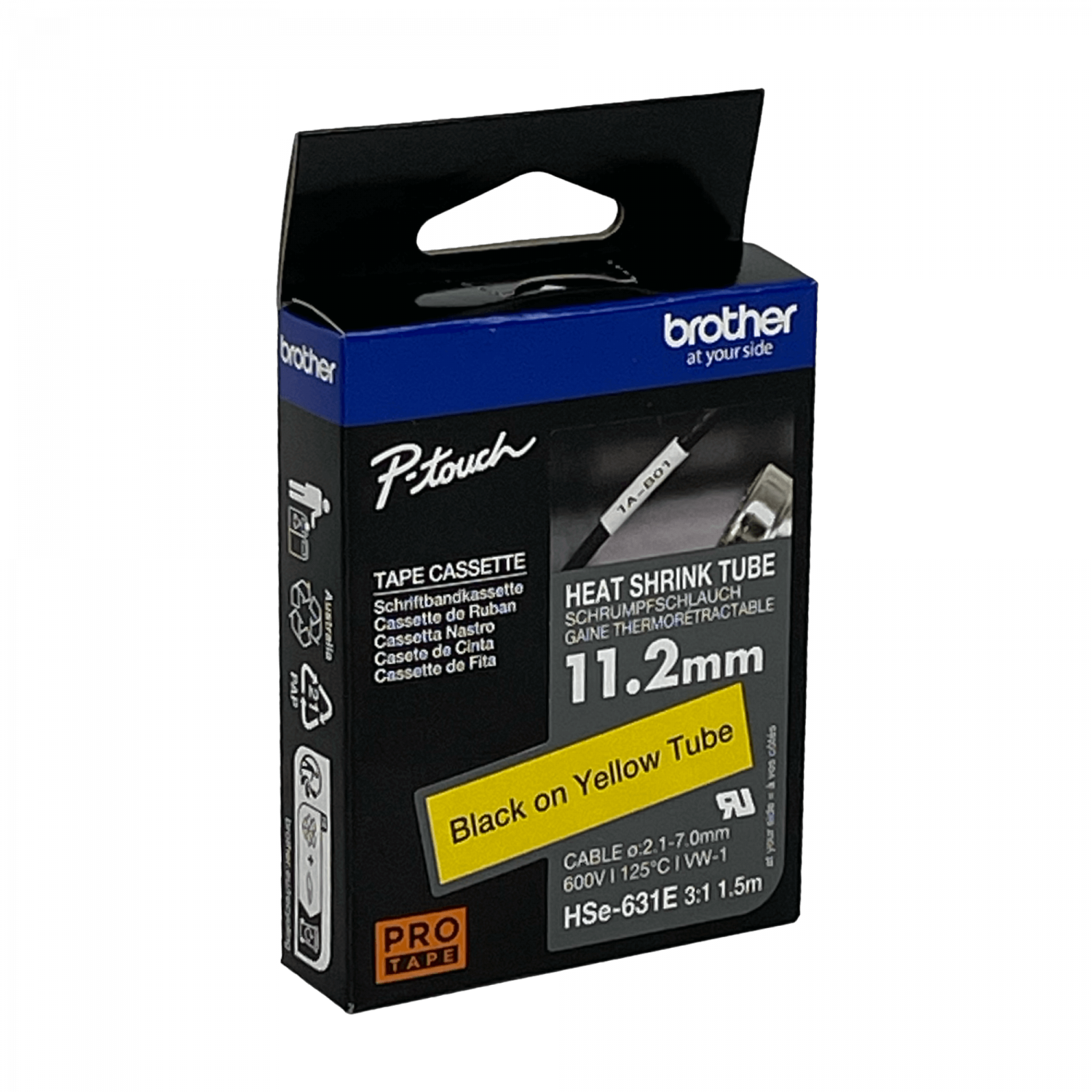 BROTHER 11,2mm Am Termoretractil 2,1-7mm Negro en Amarillo Tubo 1,5mt 2