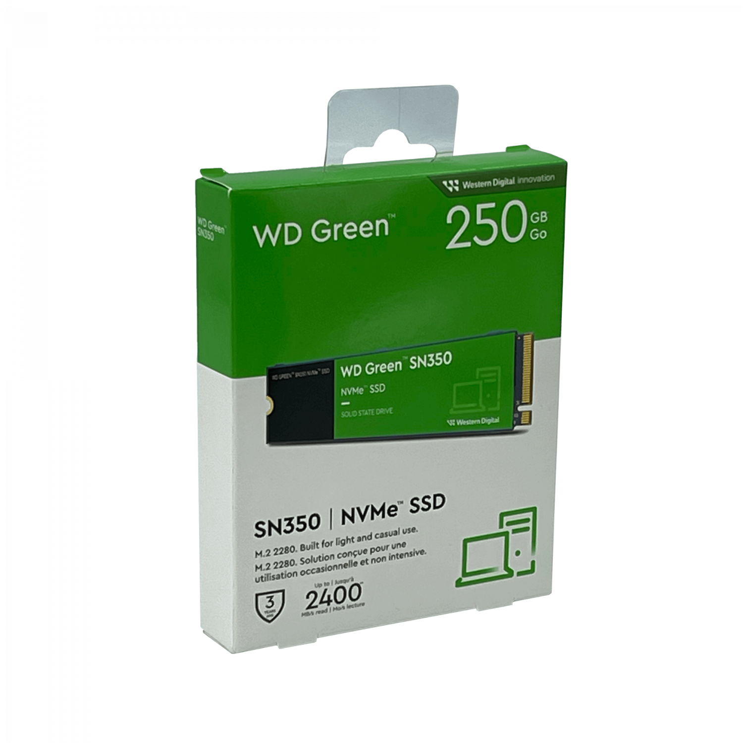 Unidad SSD Western Digital WD Green SN350, 250GB, M.2 2280 NVMe, Lec. 2400 MB/s, Esc. 900MB/s  3