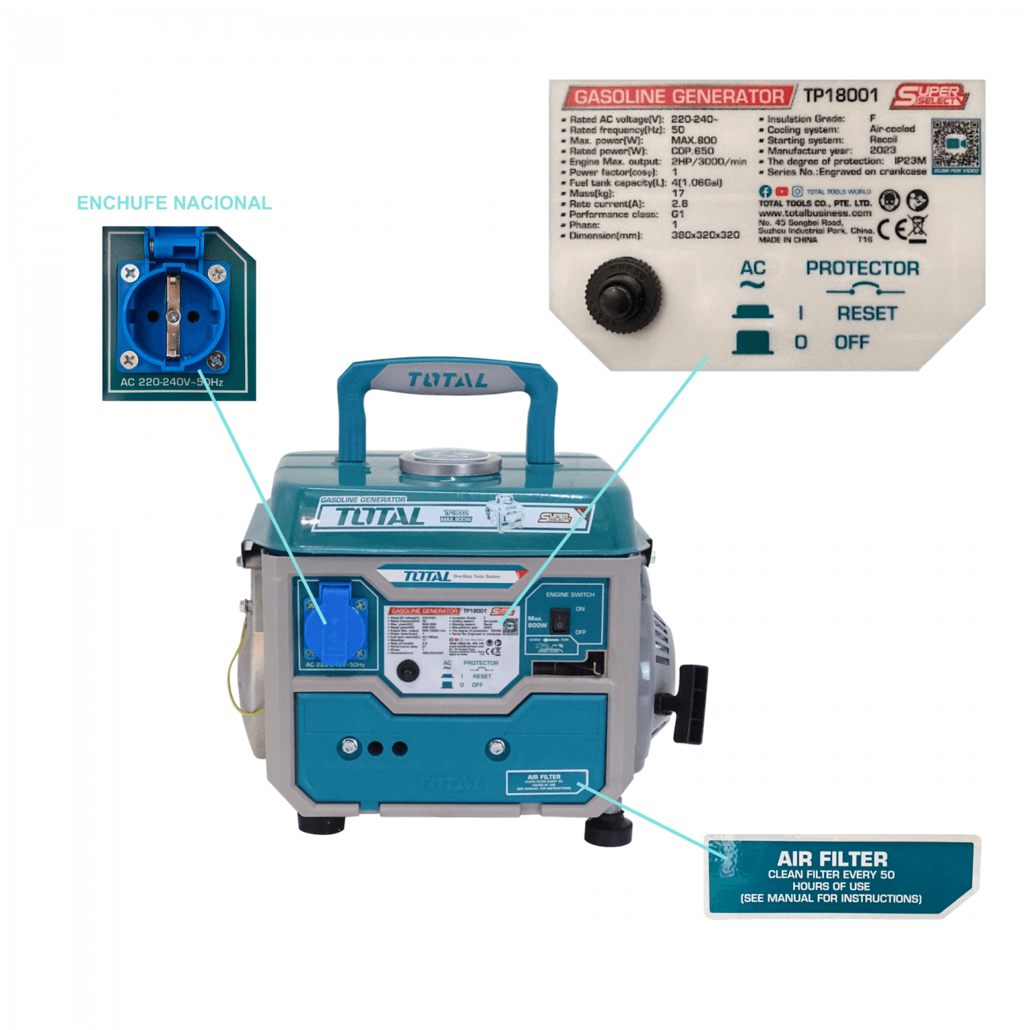 Generador de Gasolina TOTAL TP18001 - 800W, 2HP, 2 Tiempos 4