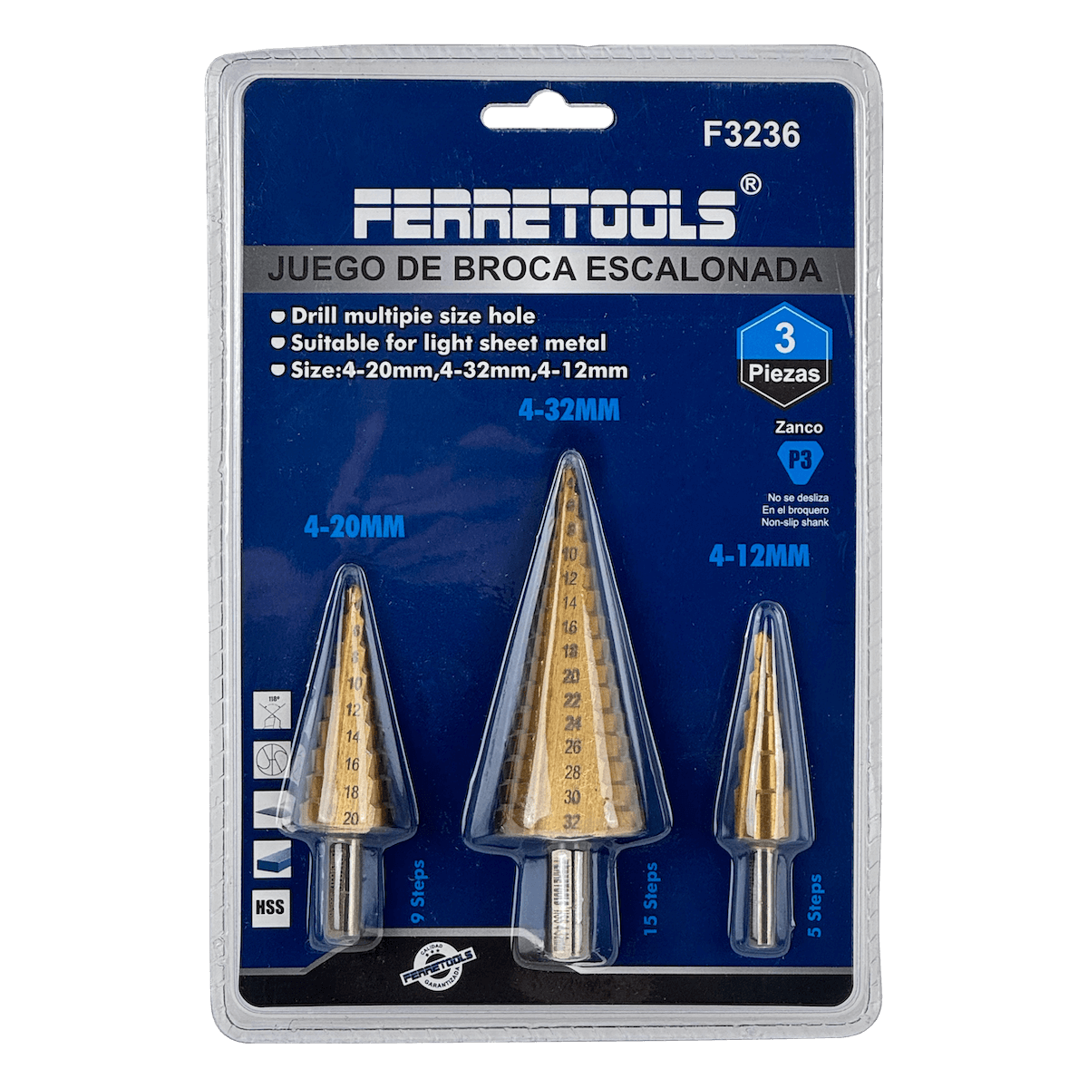 FERRETOOLS Kit 3-Brocas Pino 4-12 4-20 4-32mm p/Metal HSS Escalonadas 1