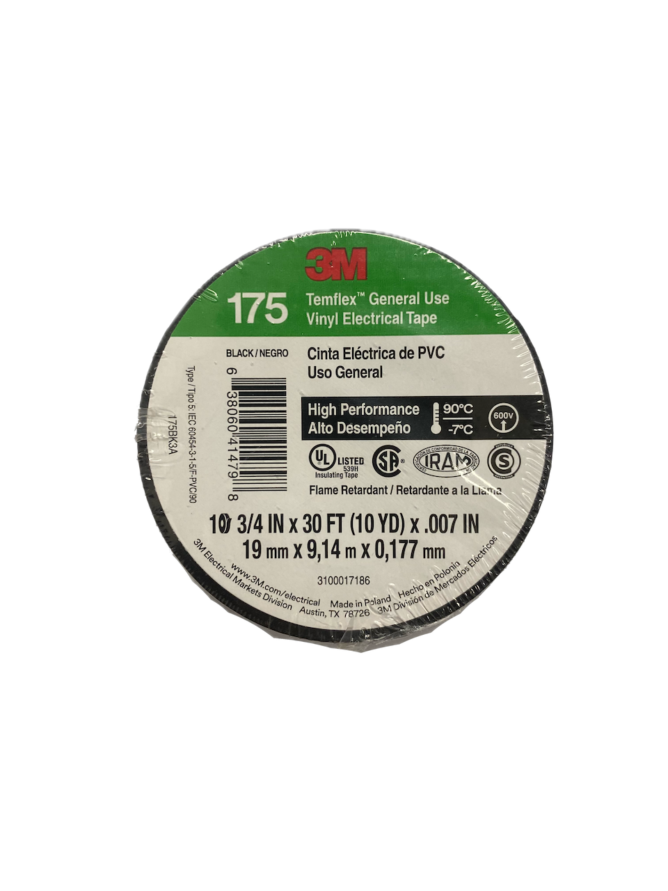3M 9mt 175 Negra Cinta Aisladora PVC 19mm 0,177mm 600V -7ºC a 90ºC 1