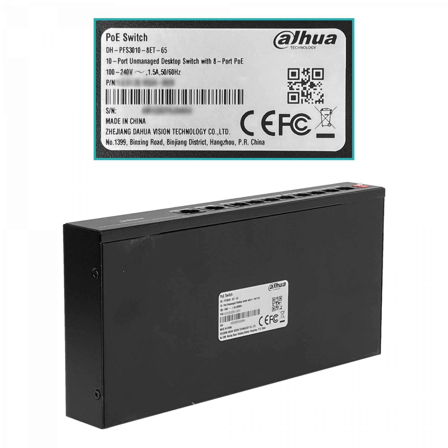 Switch 8 PoE+af/at/bt + 2 Gigabit No Administrable 96W Riel DIN, Dahua PFS3010-8ET-96 1