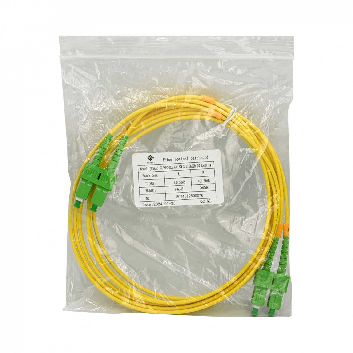 Cable fibra optica 3m SC/APC-SC/APC Monomodo SM Duplex Jumper 9/125um LSZH JFSAA3 2