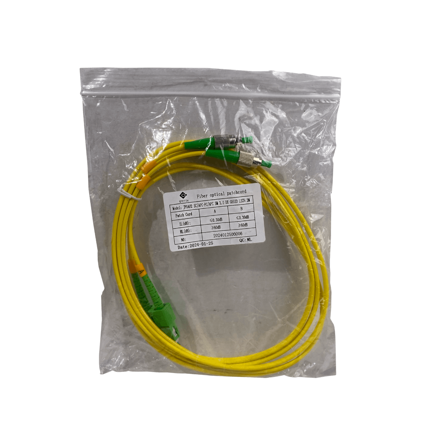 Cable fibra optica 2m SC/APC-FC/APC Monomodo SM Duplex Jumper 9/125um 3mm JFSAH2   3