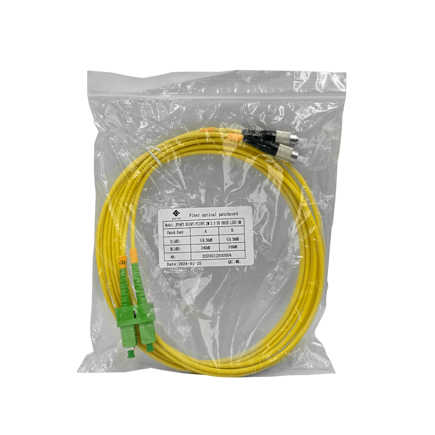 Cable fibra optica 3m SC/APC-FC/UPC Monomodo SM Duplex Jumper 9/125um 3mm JFSAF3 3