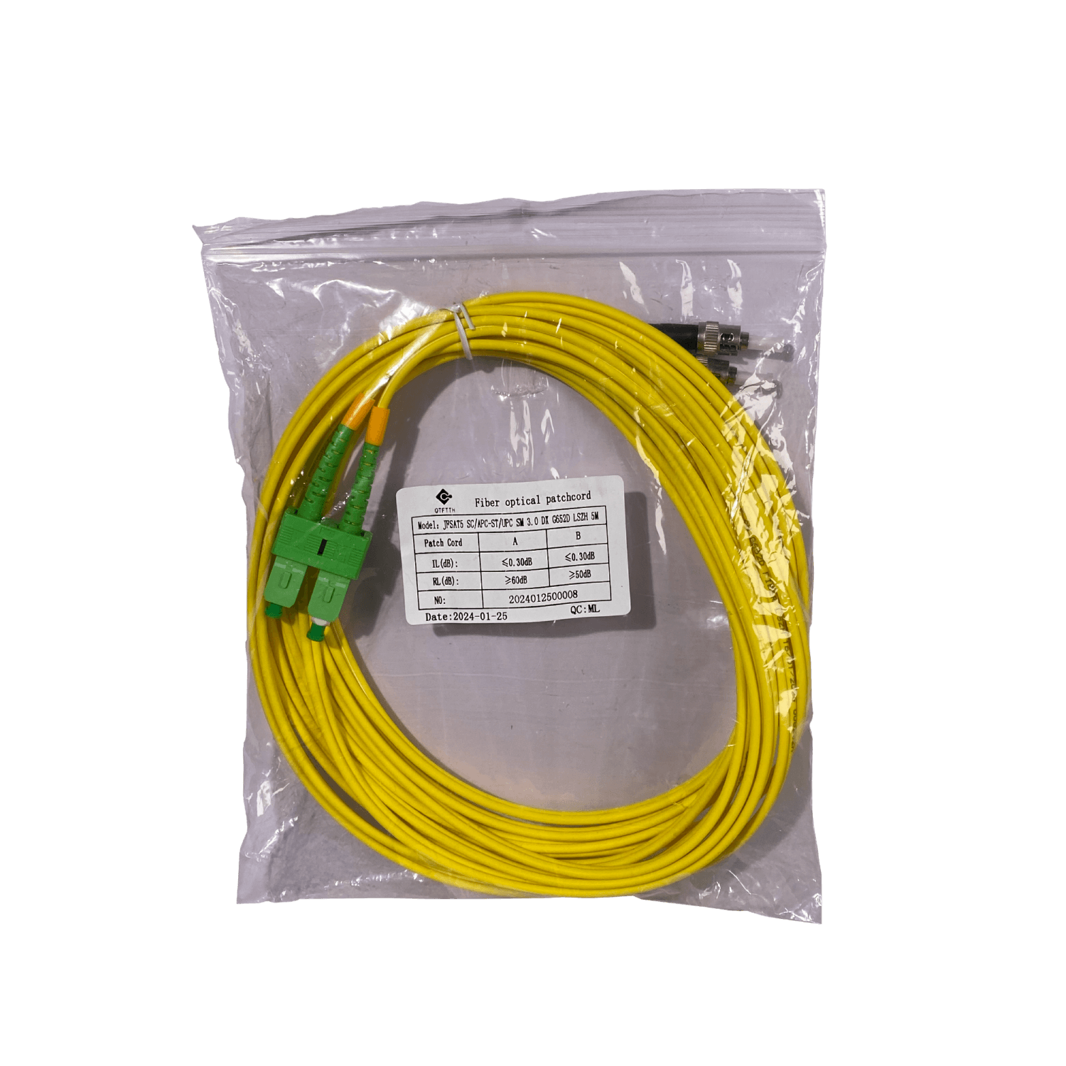 5mt SC/APC-ST/UPC MonoModo SM Duplex Jumper Cable Fibra 9/125um 3mm 2