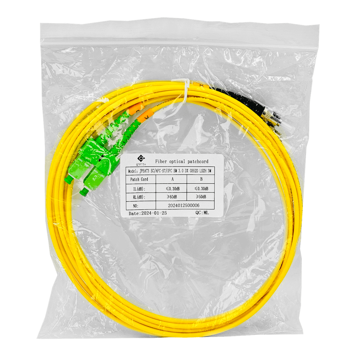 3mt SC/APC-ST/UPC MonoModo SM Duplex Jumper Cable Fibra 9/125um 3mm 1
