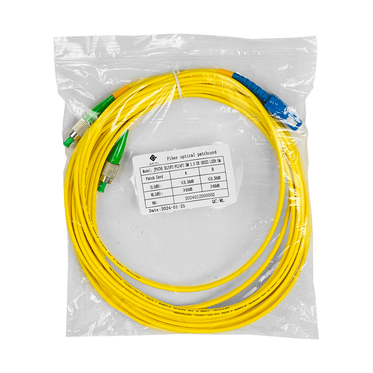 5mt SC/UPC-FC/APC MonoModo SM Duplex Jumper Cable Fibra 9/125um 3mm 1