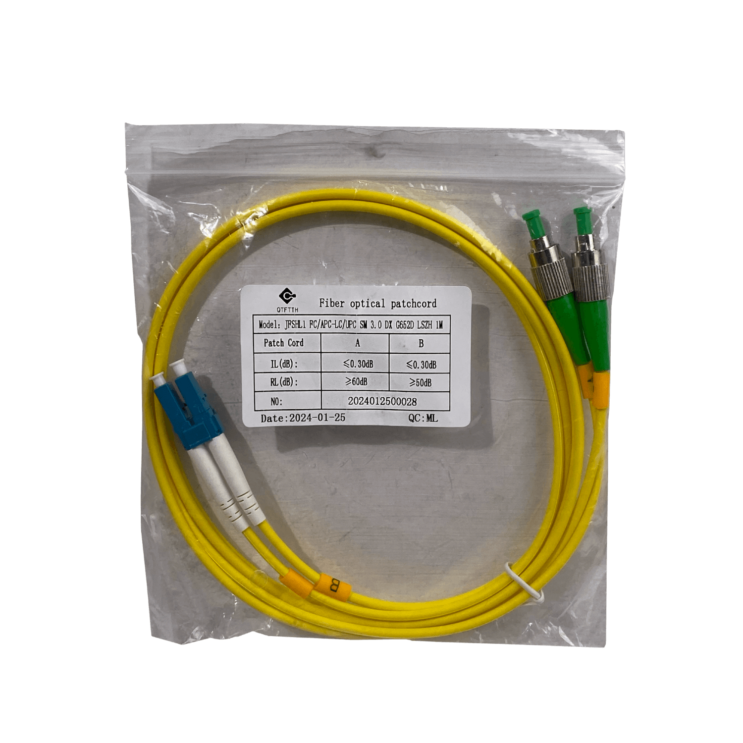 1mt FC/APC-LC/UPC MonoModo SM Duplex Jumper Cable Fibra 9/125um 3mm 2