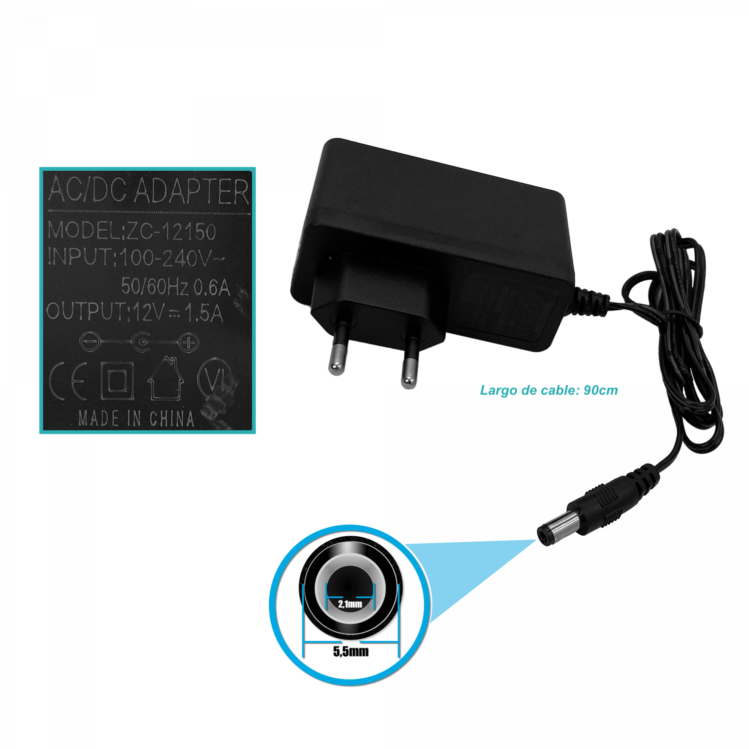 Fuente de Poder 12V 1.5A 18W, Plug 5.5x2.5mm, Cable 85cm, Plástica Interior 2