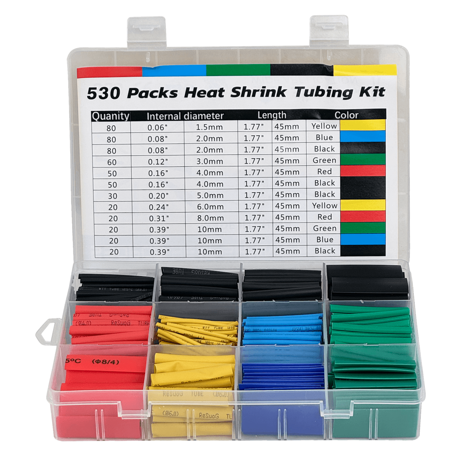Kit de Tubos Termoretractil 530-Piezas 1,5/2/3/4/5/6/8/10mm 1
