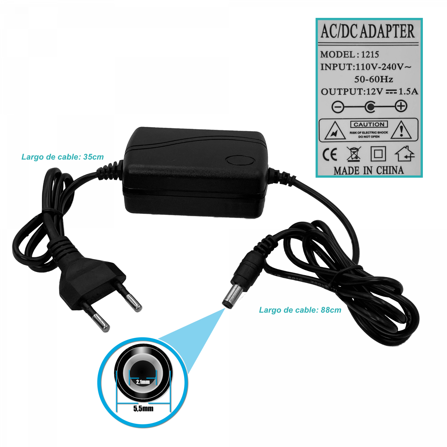Fuente de Poder 12V 1.5A 18W, Plug 5.5x2.5mm, con 2 Cables, Plástica Interior 3