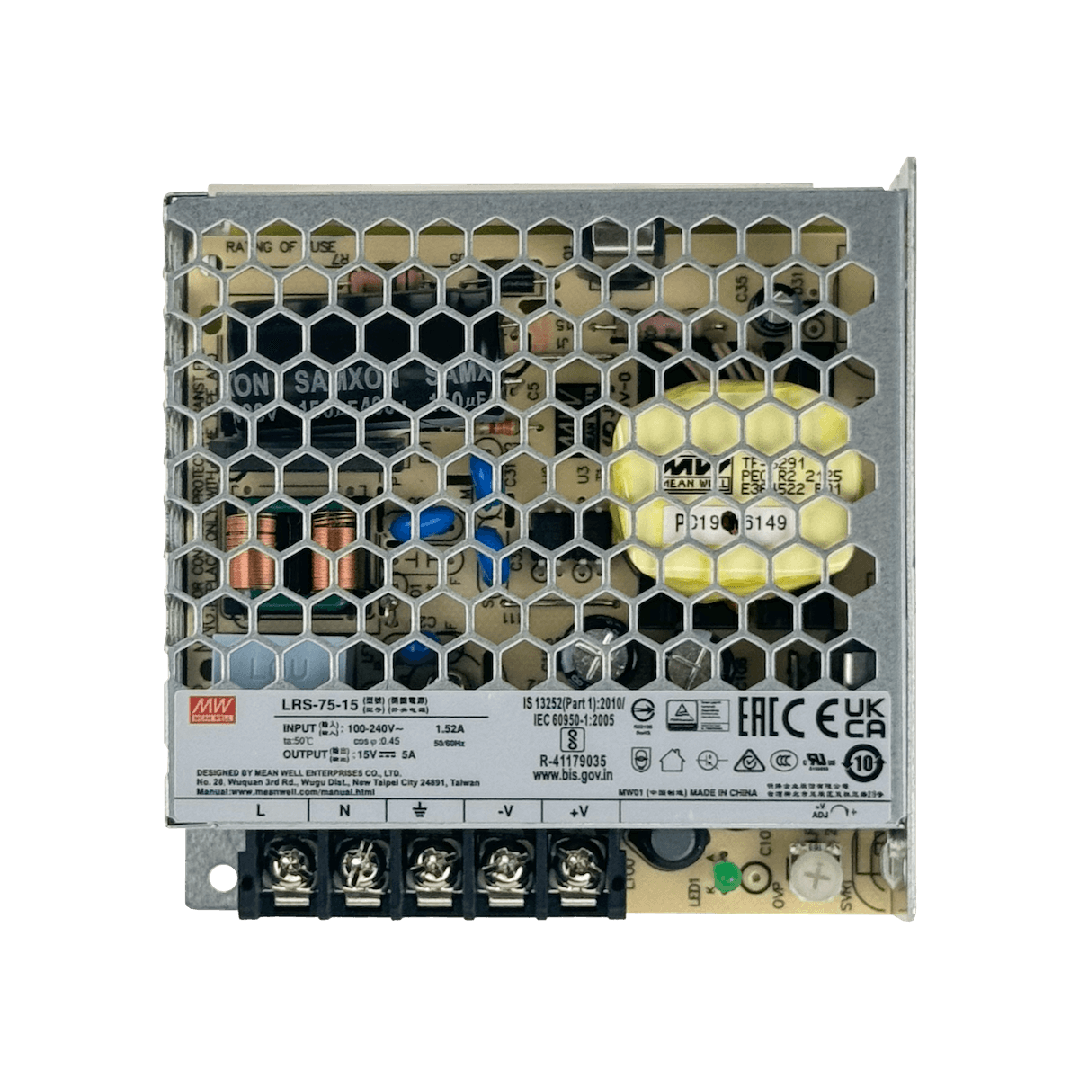 MEANWELL 75W 15V 5A Open-Frame Fuente-Poder 100-240VAC Ajustable 3