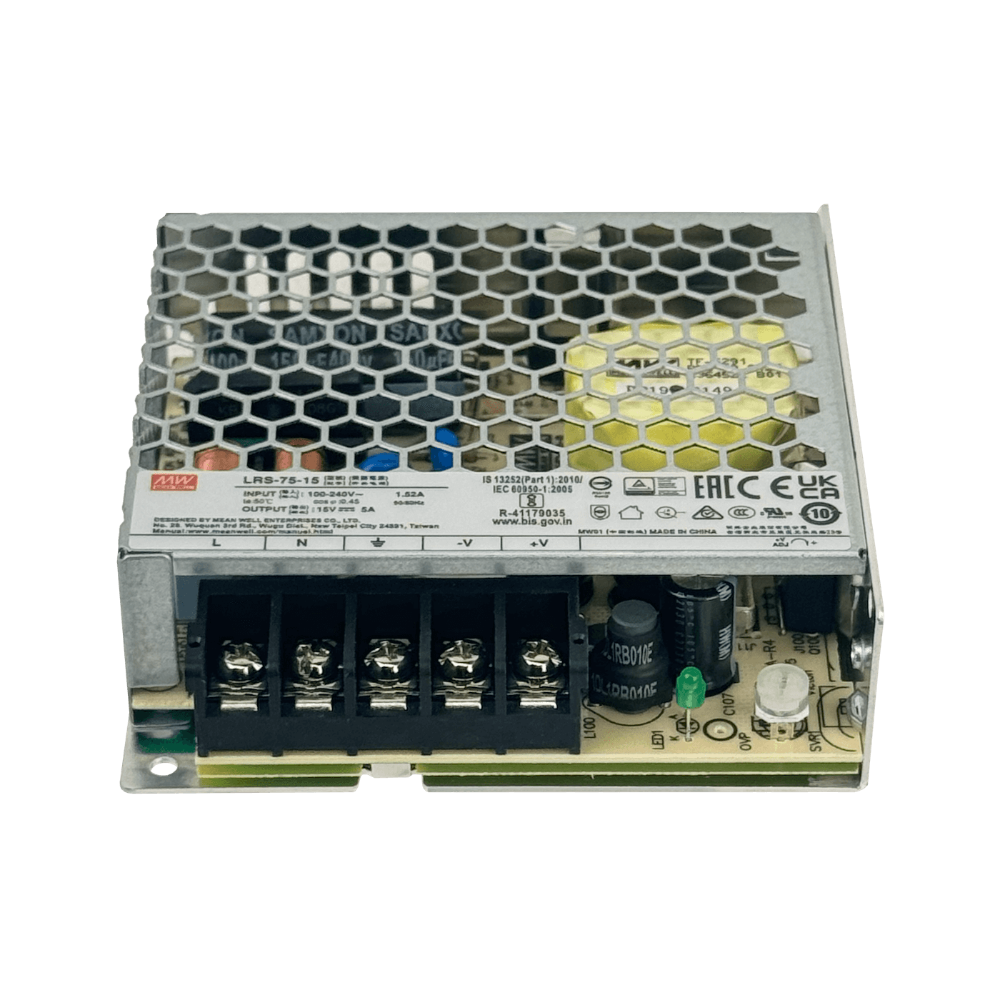 MEANWELL 75W 15V 5A Open-Frame Fuente-Poder 100-240VAC Ajustable 5