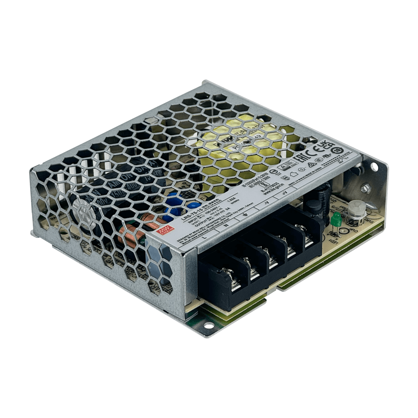 MEANWELL 75W 15V 5A Open-Frame Fuente-Poder 100-240VAC Ajustable 6