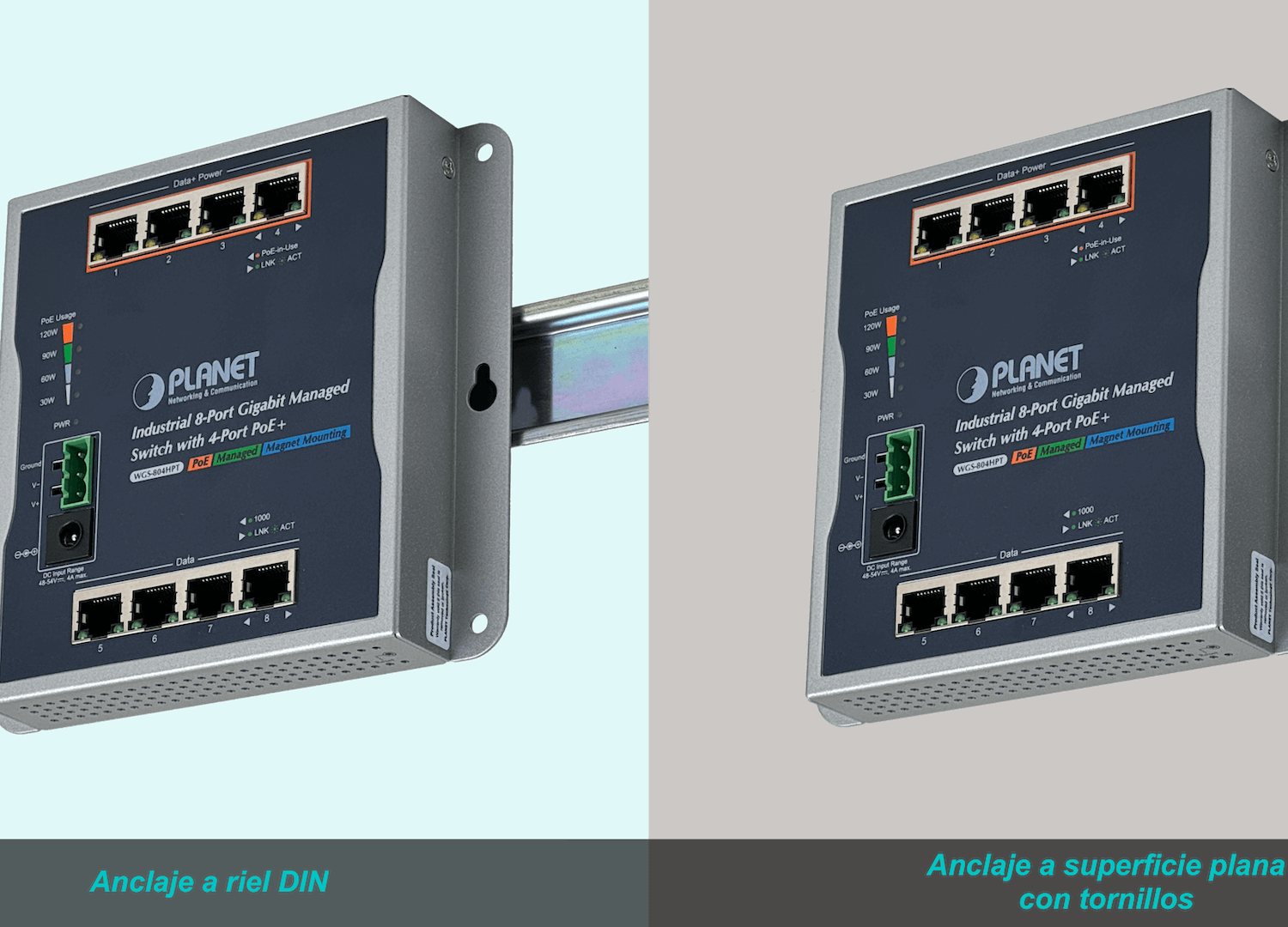 PLANET 8-1000 4-PoE+120W-total Switch Indust Admin Riel-DIN 48/54VDC 3