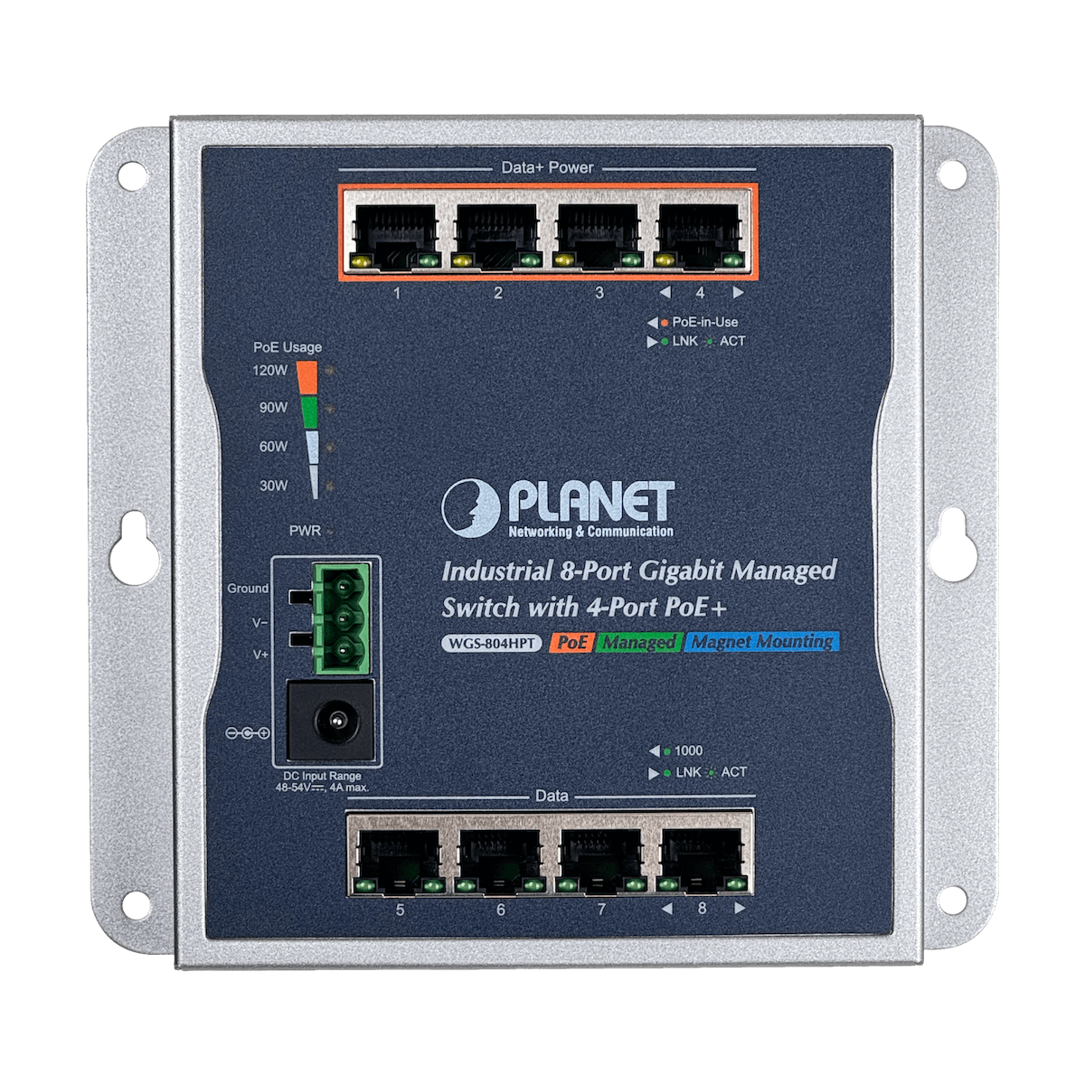 PLANET 8-1000 4-PoE+120W-total Switch Indust Admin Riel-DIN 48/54VDC 4