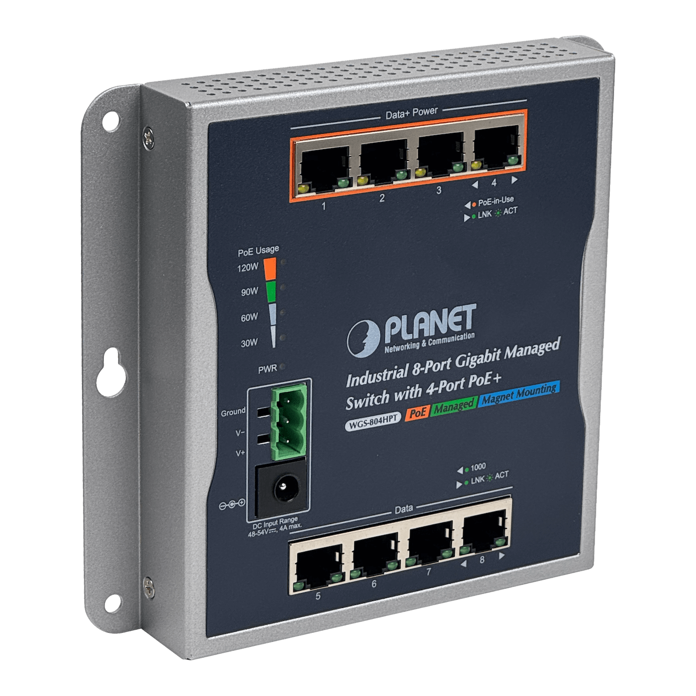 PLANET 8-1000 4-PoE+120W-total Switch Indust Admin Riel-DIN 48/54VDC 8