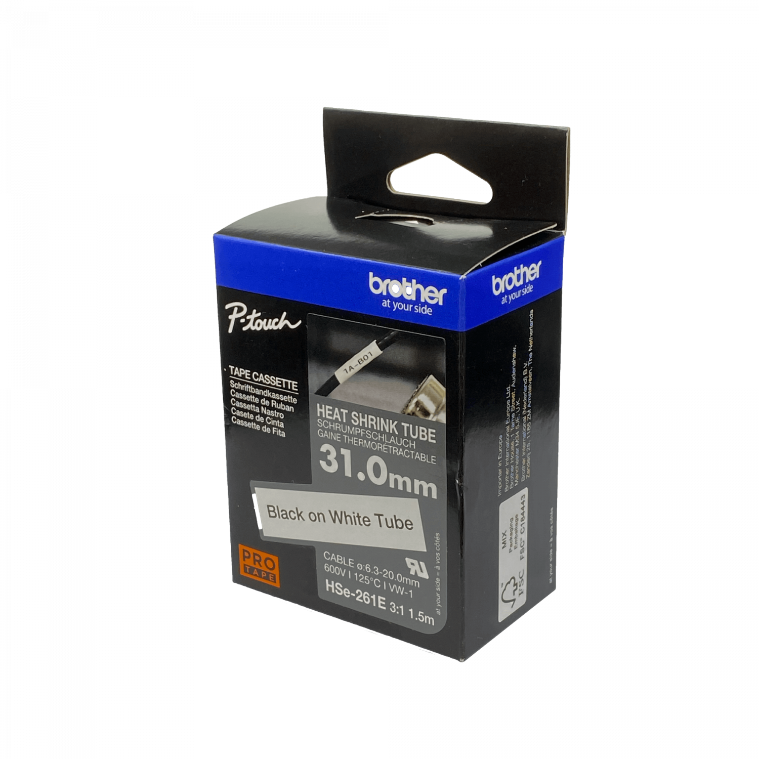 Cinta termoretractil Brother HSE-261E 31mm negro en blanco 15m 2