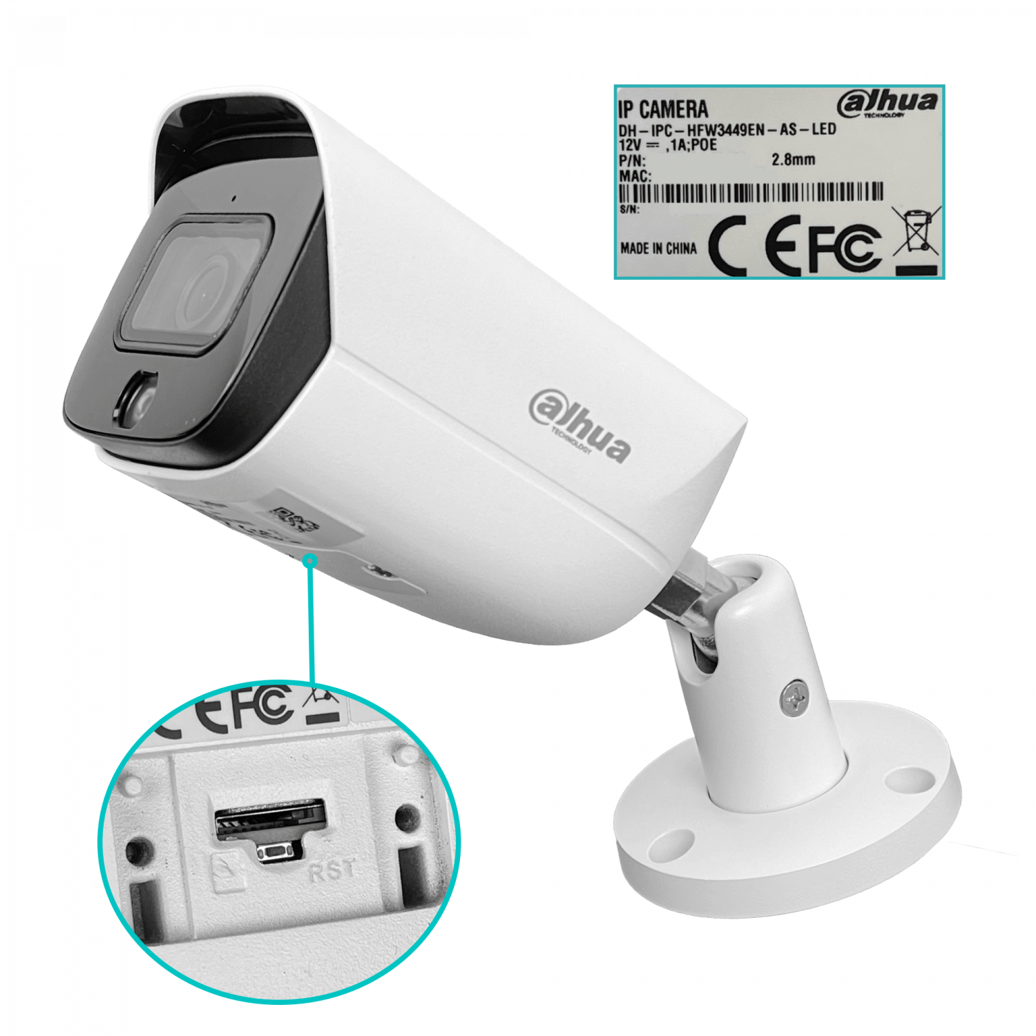 Cámara Bala Dahua 4MP Full Color 2.6mm RCA PoE 30m IP67 MicroSD WizSense SMD HFW3449E 1