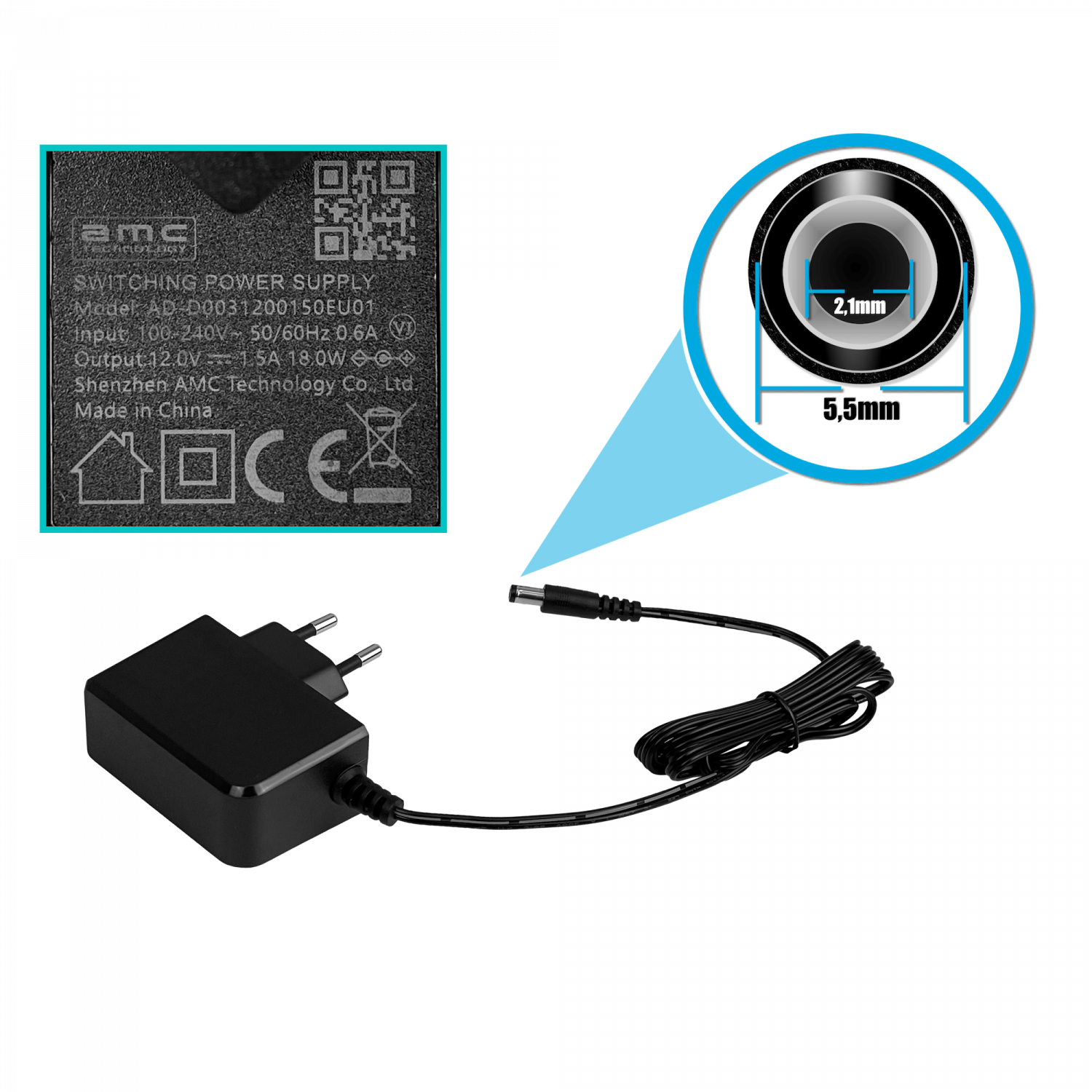 Fuente de Poder 12VDC 1.5A 18W, Plug 5.5x2.1mm, Transformador Interior 1