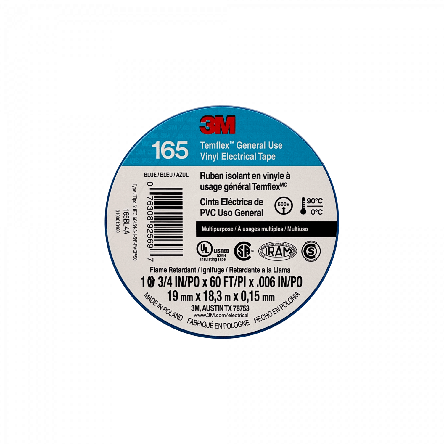 Huincha Cinta Aisladora 165 Azul 3M, 18 Metros, PVC, 19mm-0.15mm, 600V 0-90ºC 1