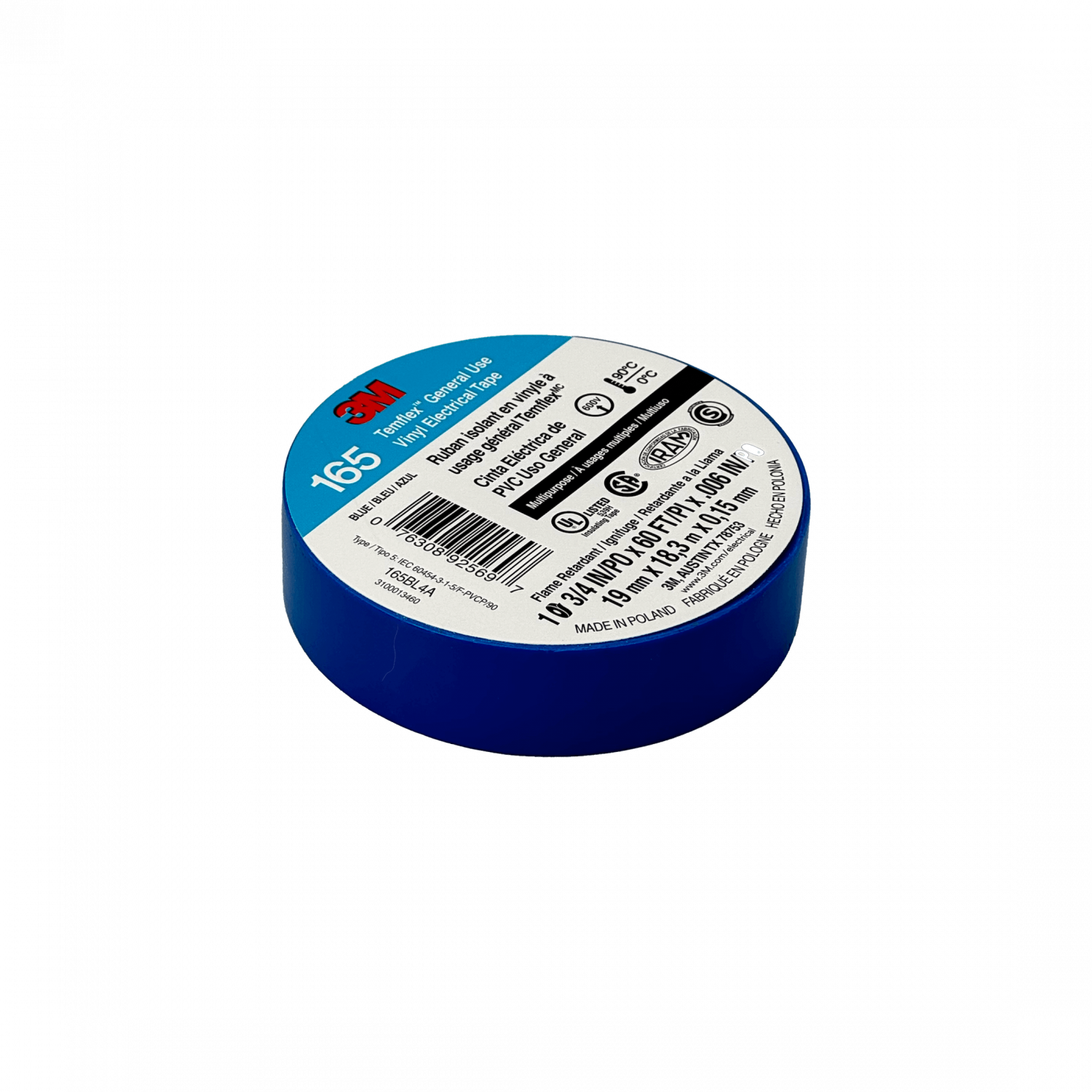 Huincha Cinta Aisladora 165 Azul 3M, 18 Metros, PVC, 19mm-0.15mm, 600V 0-90ºC 2
