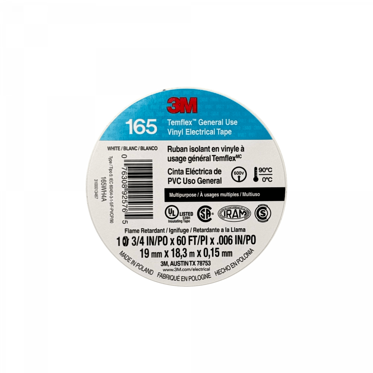 3M 18mt 165 Blanca Huincha Cinta Aisladora PVC 19mm 0,15mm 600V 0-90ºC 1