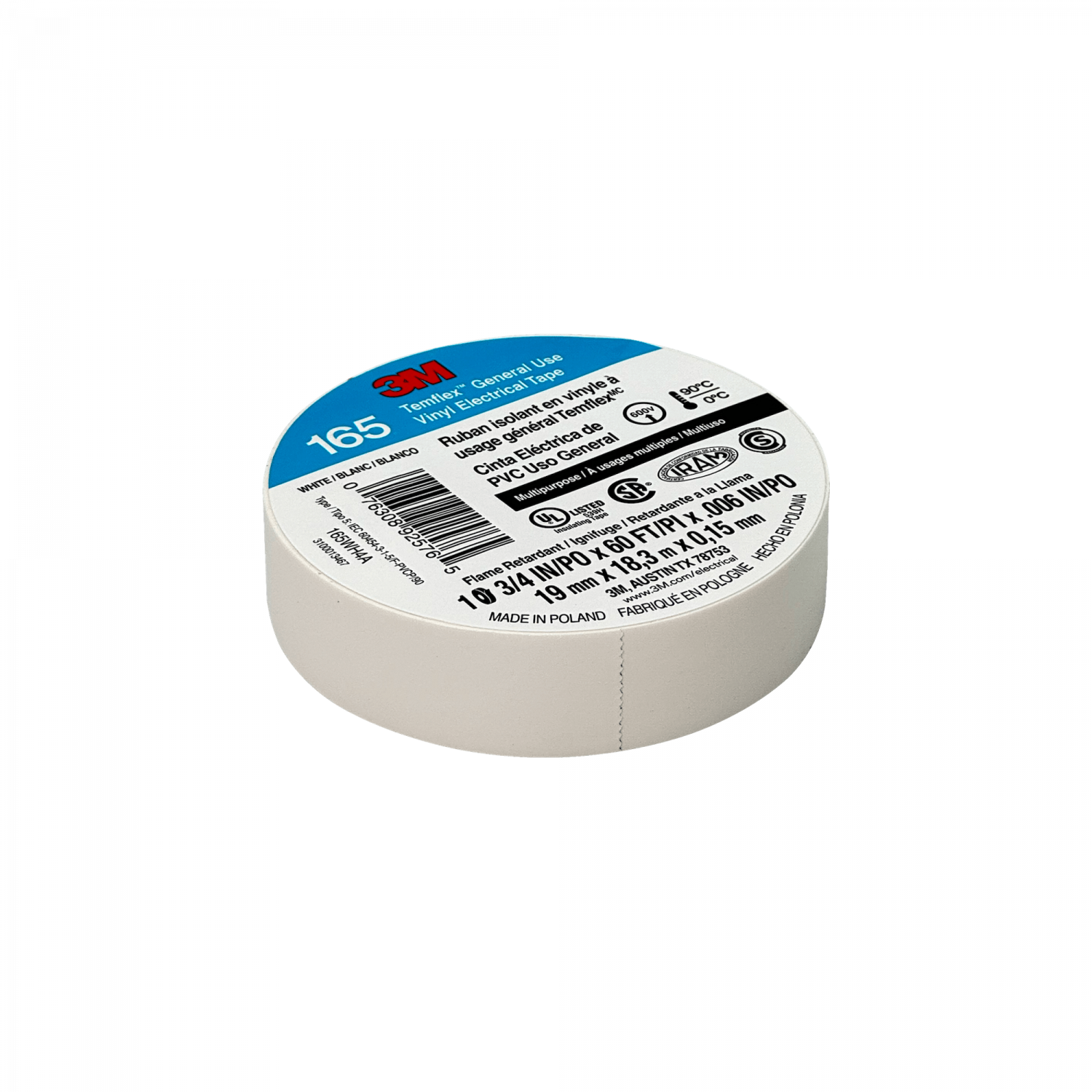 3M 18mt 165 Blanca Huincha Cinta Aisladora PVC 19mm 0,15mm 600V 0-90ºC 2